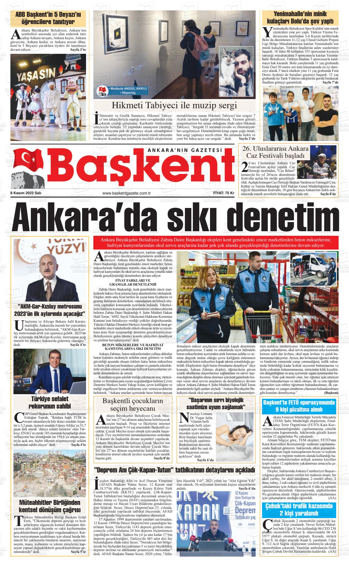 09 Kasım 2022 Ankara Başkent Gazete Manşeti