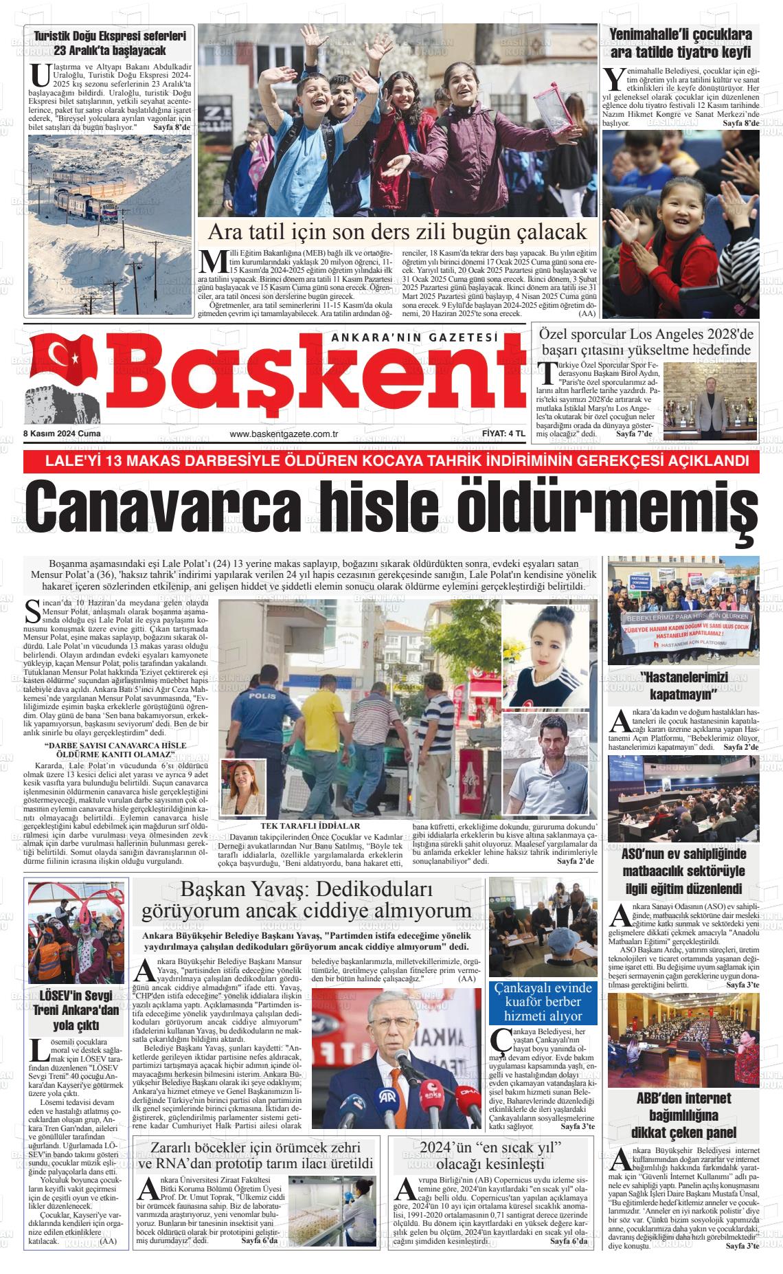 08 Kasım 2024 Ankara Başkent Gazete Manşeti