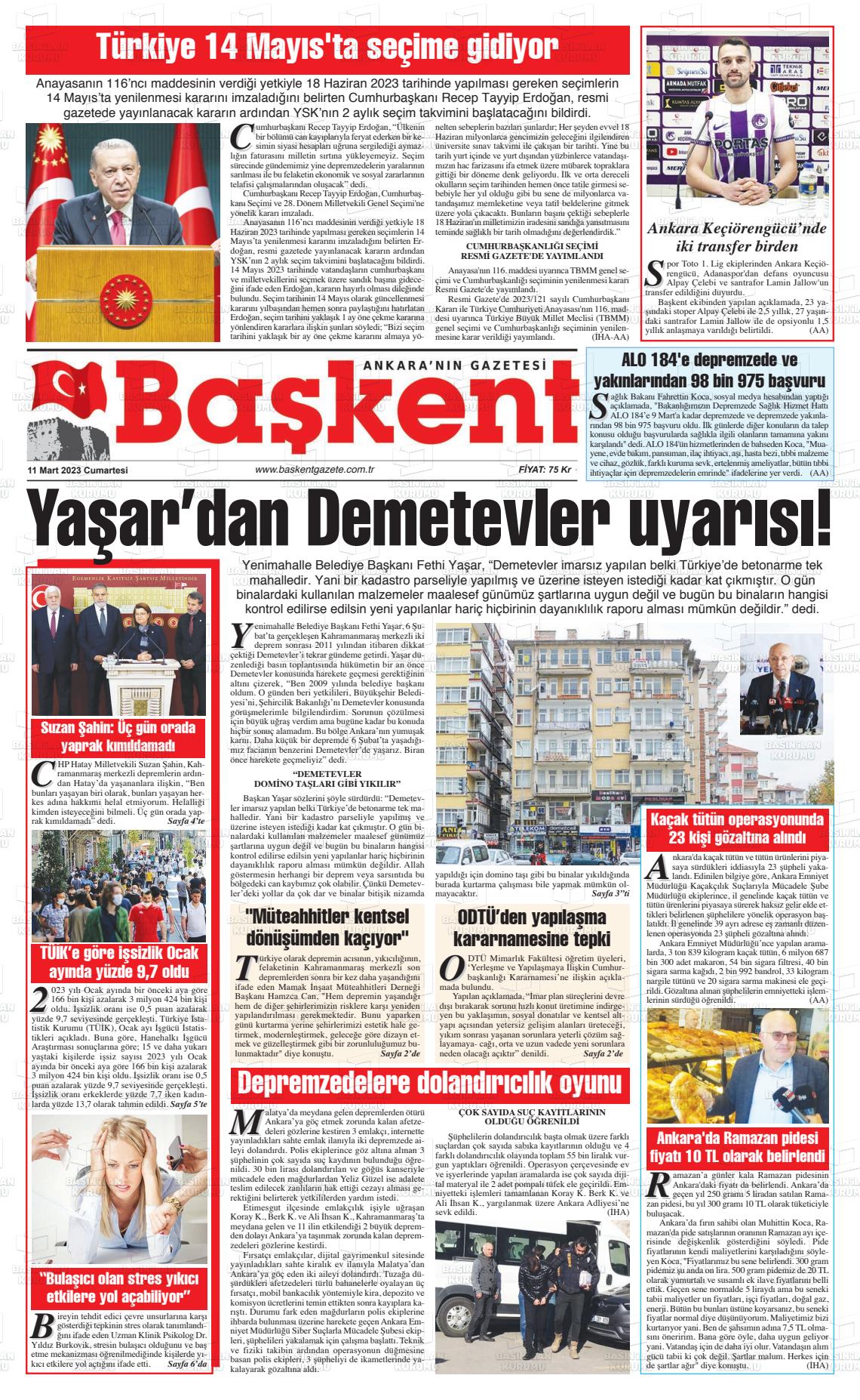 11 Mart 2023 Ankara Başkent Gazete Manşeti