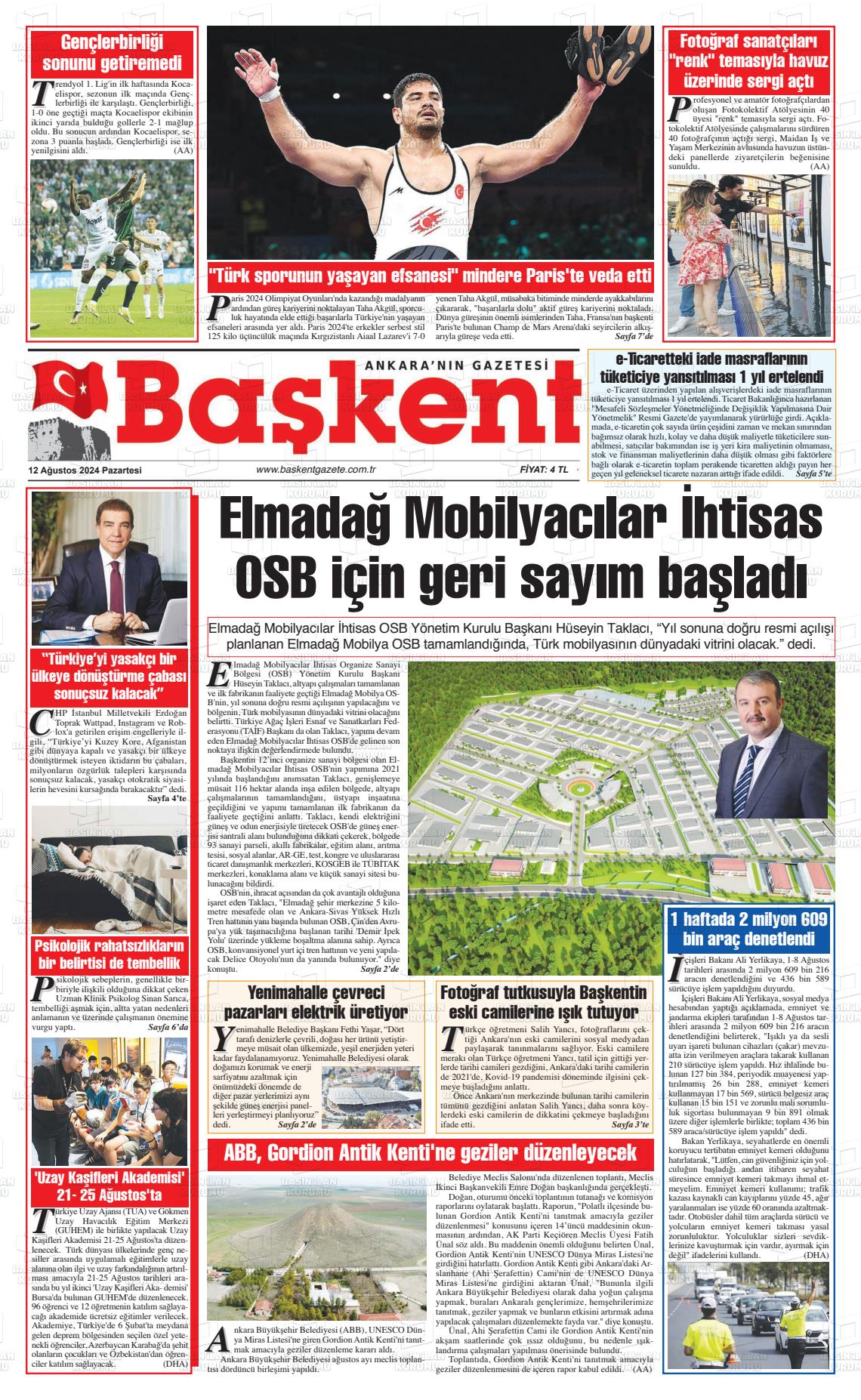 12 Ağustos 2024 Ankara Başkent Gazete Manşeti