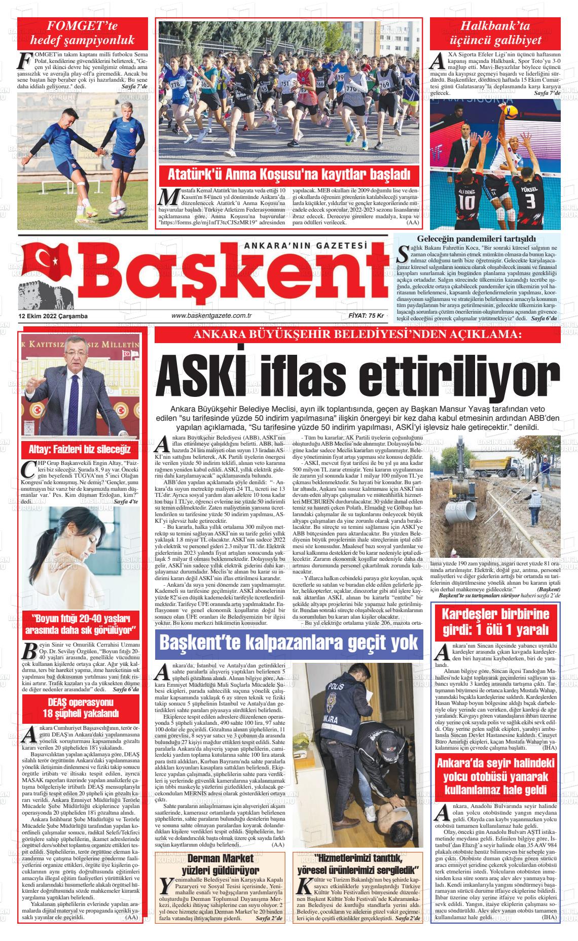 12 Ekim 2022 Ankara Başkent Gazete Manşeti