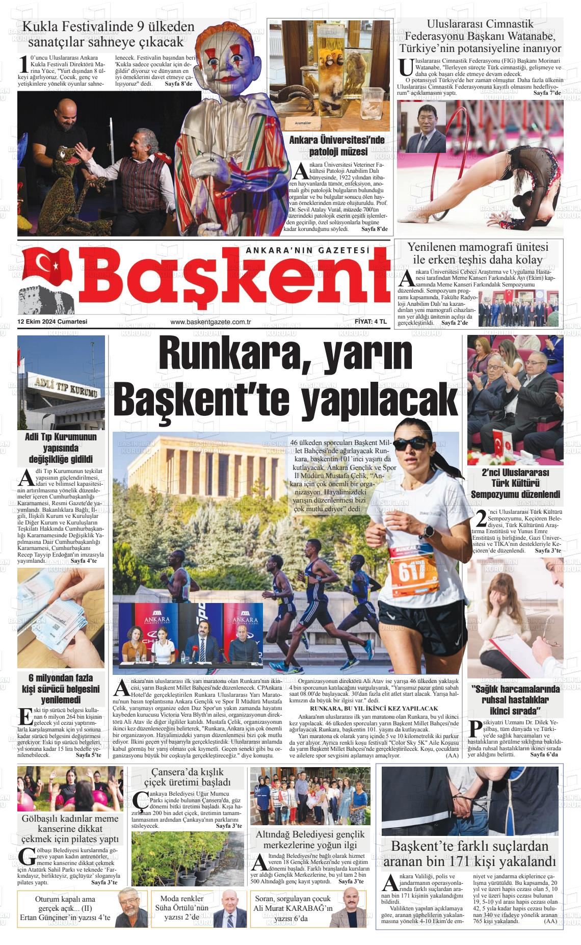 12 Ekim 2024 Ankara Başkent Gazete Manşeti