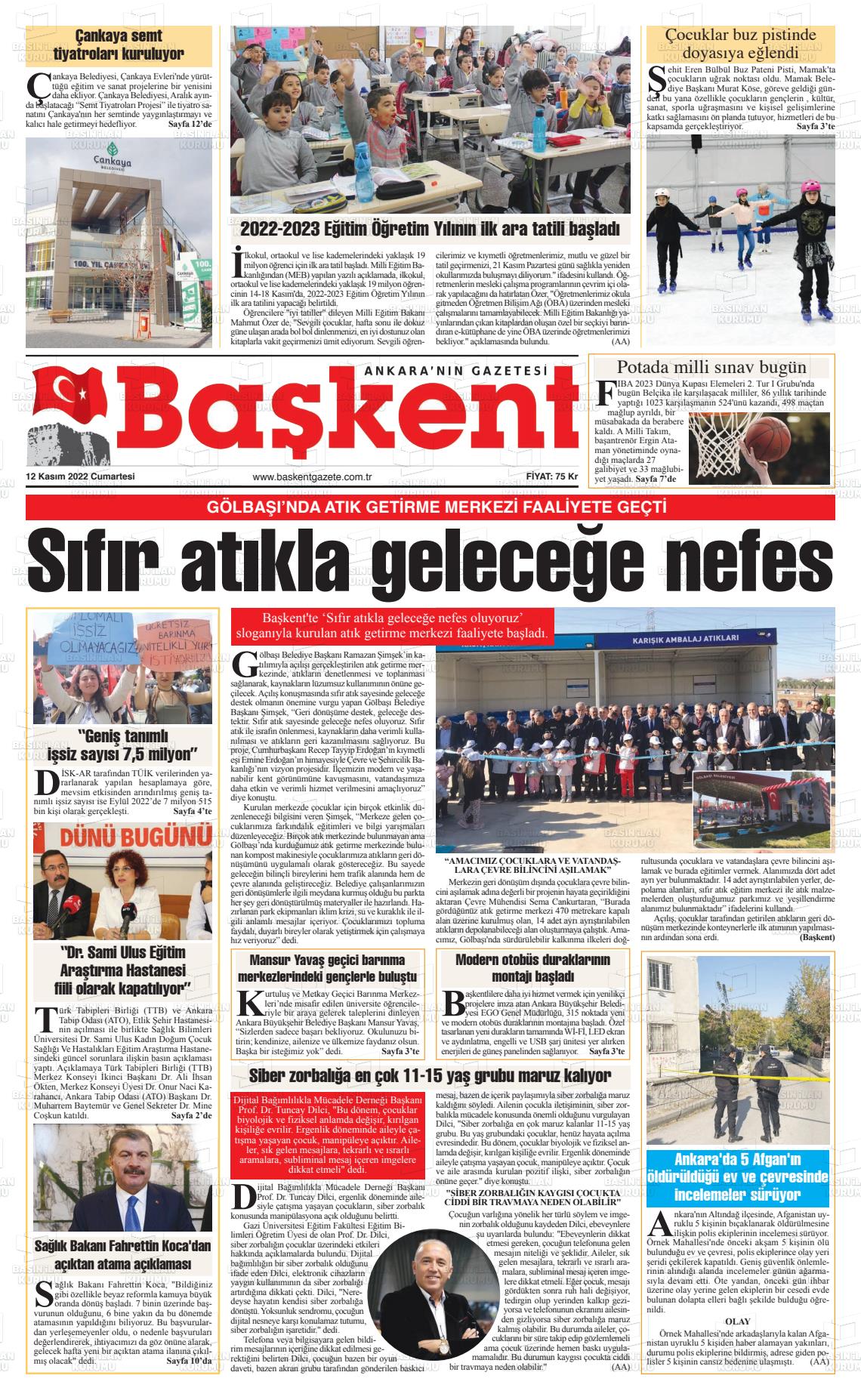 12 Kasım 2022 Ankara Başkent Gazete Manşeti