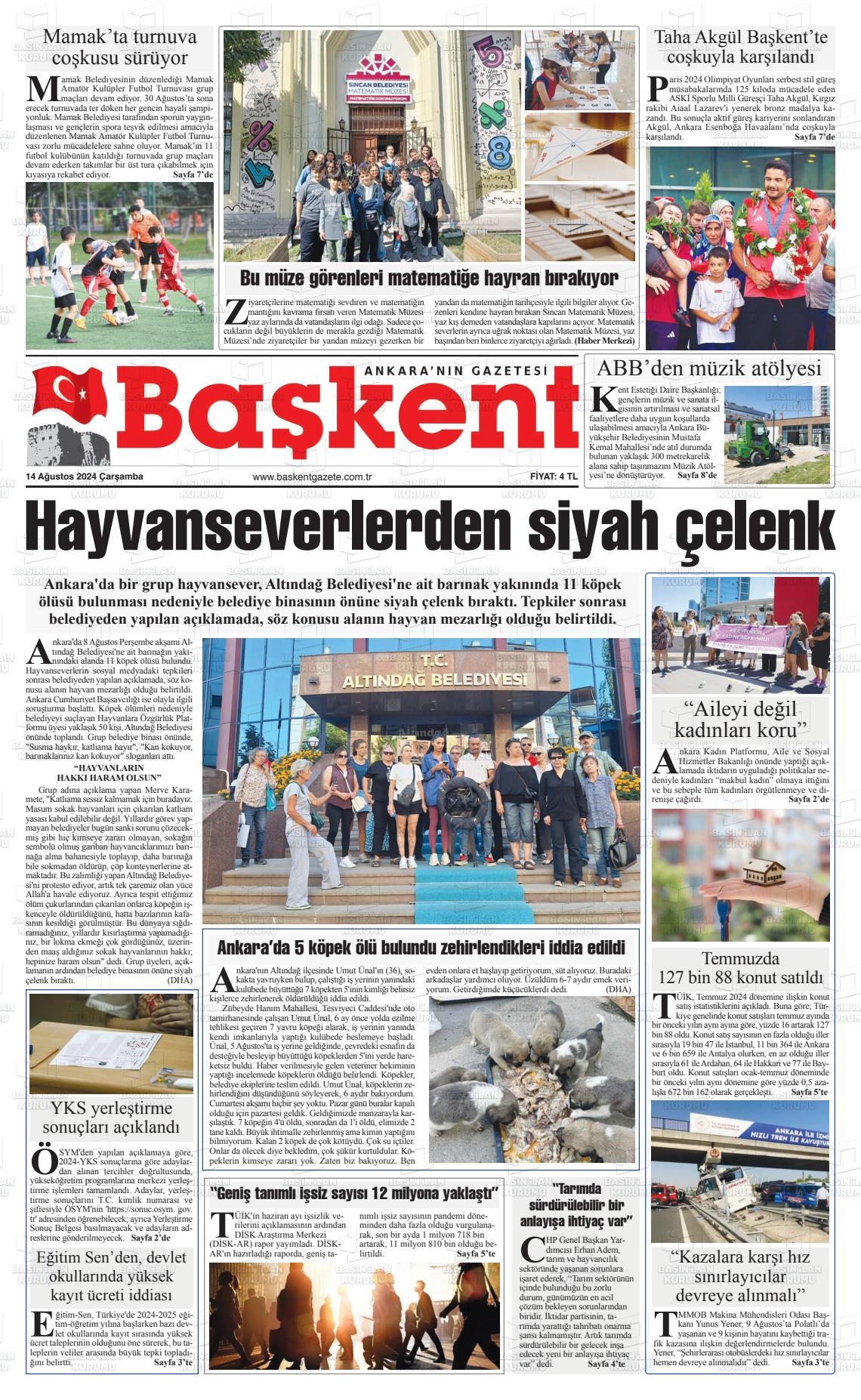 14 Ağustos 2024 Ankara Başkent Gazete Manşeti