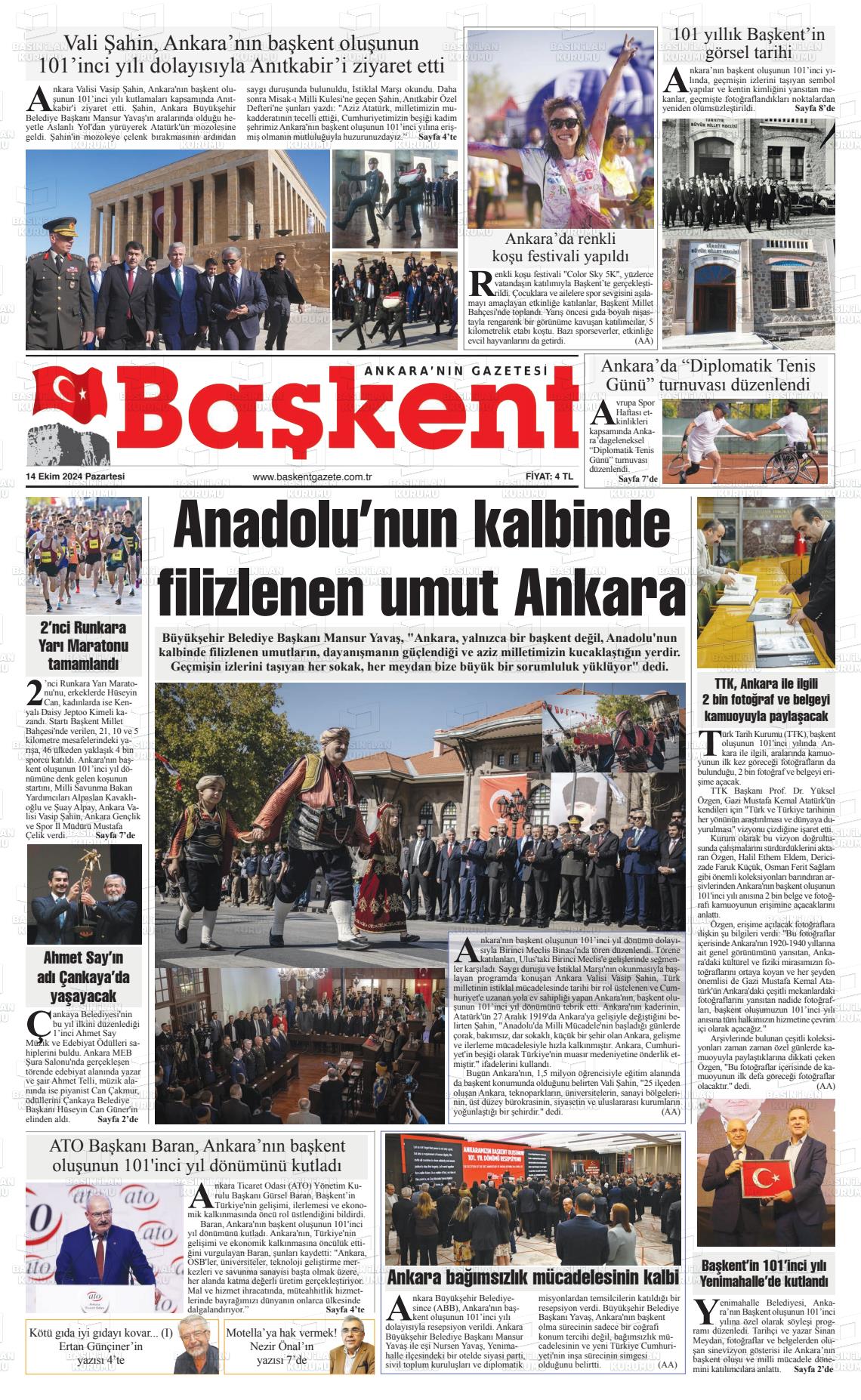 14 Ekim 2024 Ankara Başkent Gazete Manşeti