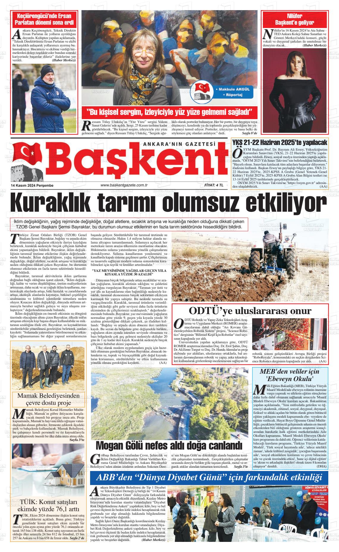 14 Kasım 2024 Ankara Başkent Gazete Manşeti