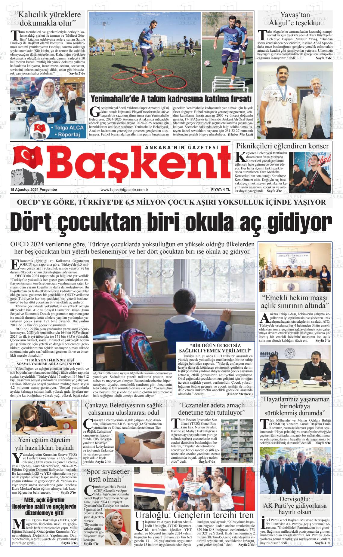 15 Ağustos 2024 Ankara Başkent Gazete Manşeti