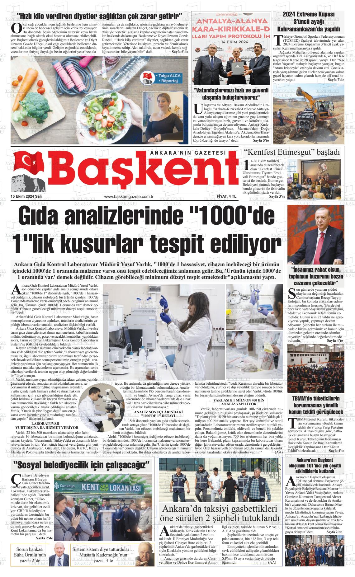 15 Ekim 2024 Ankara Başkent Gazete Manşeti