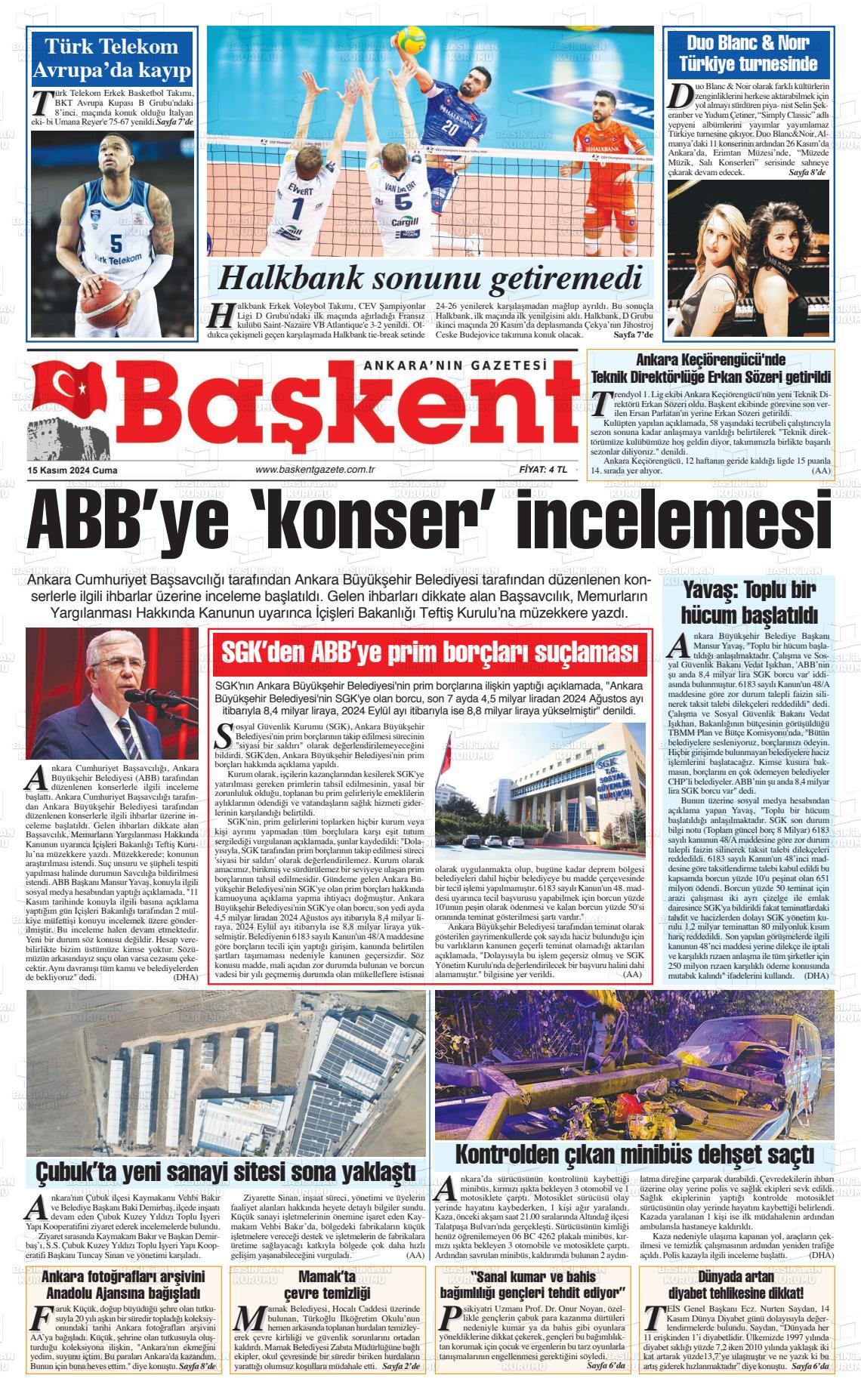 15 Kasım 2024 Ankara Başkent Gazete Manşeti