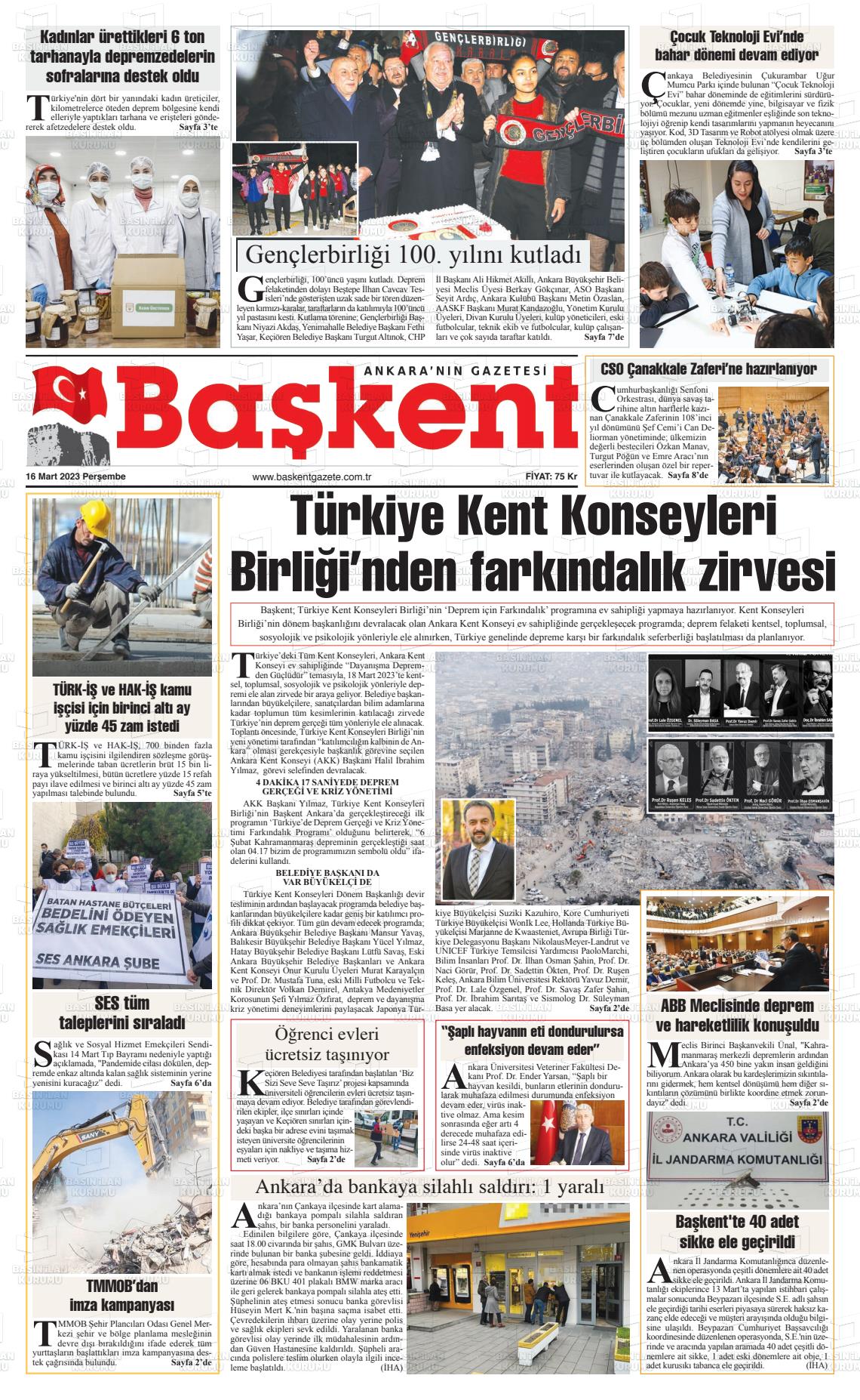 16 Mart 2023 Ankara Başkent Gazete Manşeti