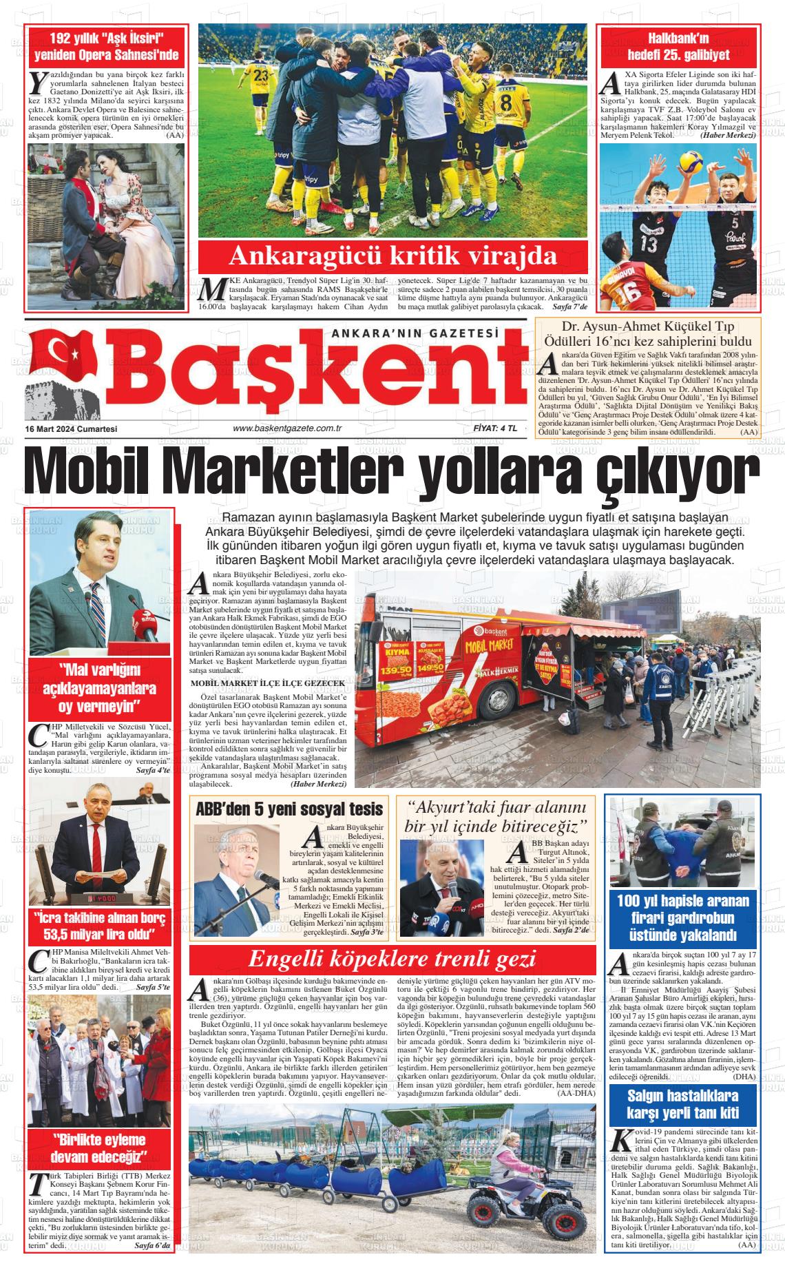 16 Mart 2024 Ankara Başkent Gazete Manşeti