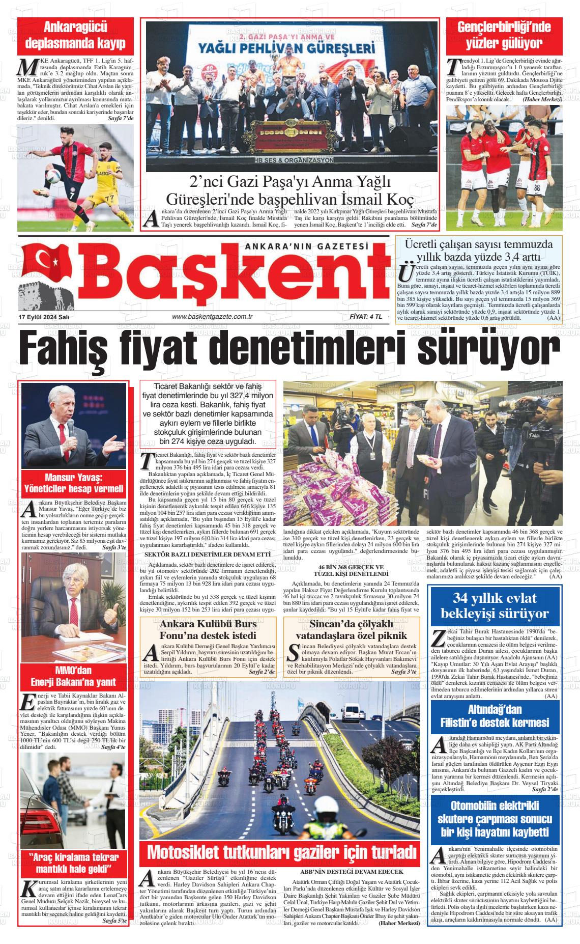 17 Eylül 2024 Ankara Başkent Gazete Manşeti