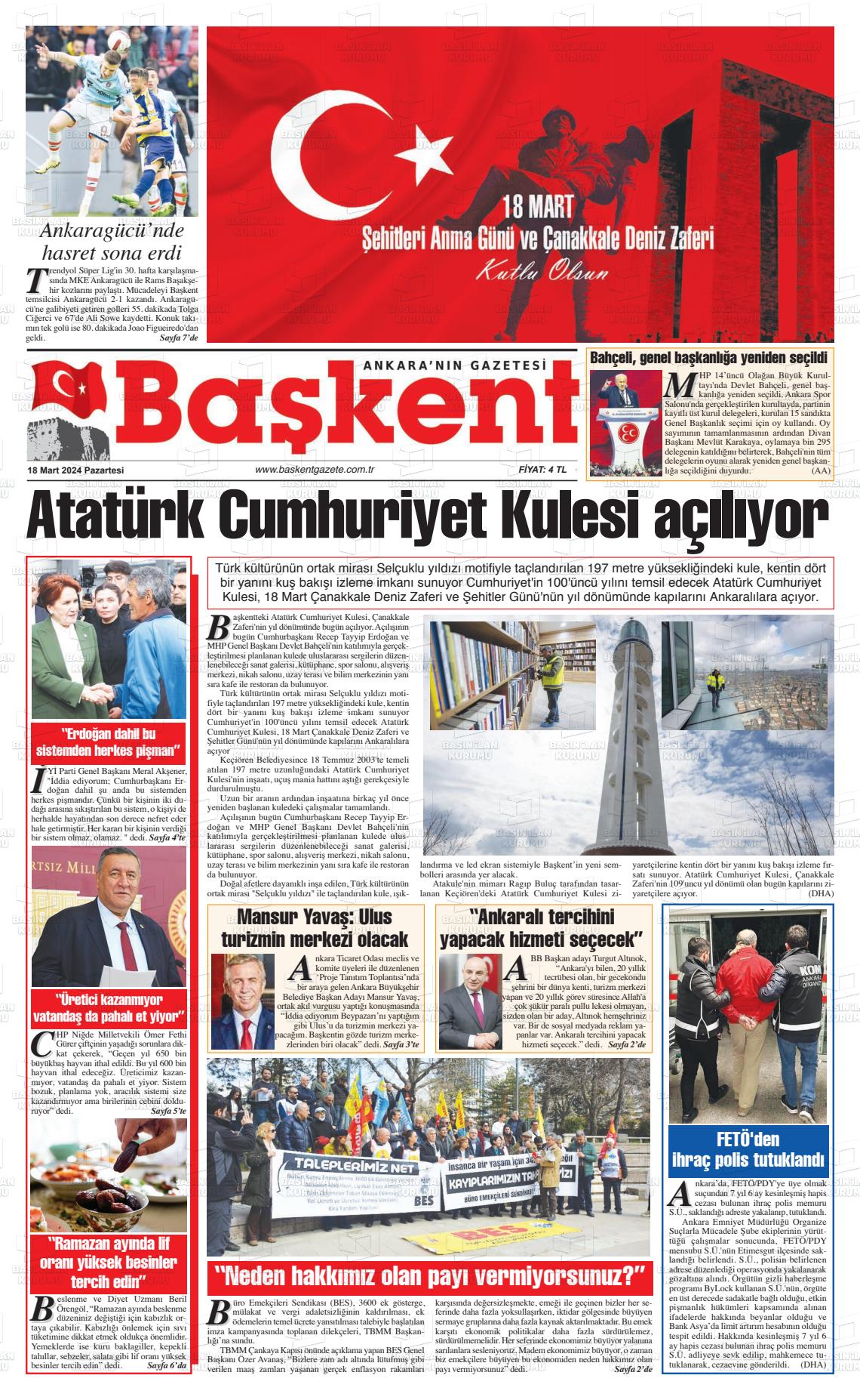 18 Mart 2024 Ankara Başkent Gazete Manşeti