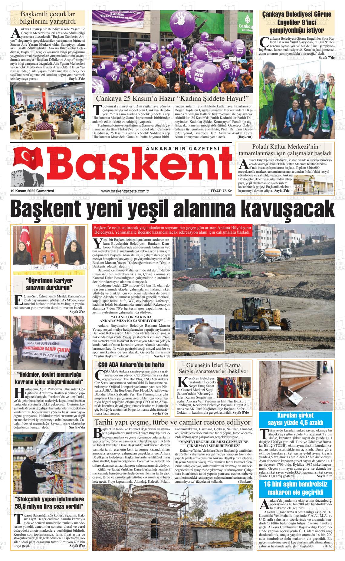 19 Kasım 2022 Ankara Başkent Gazete Manşeti