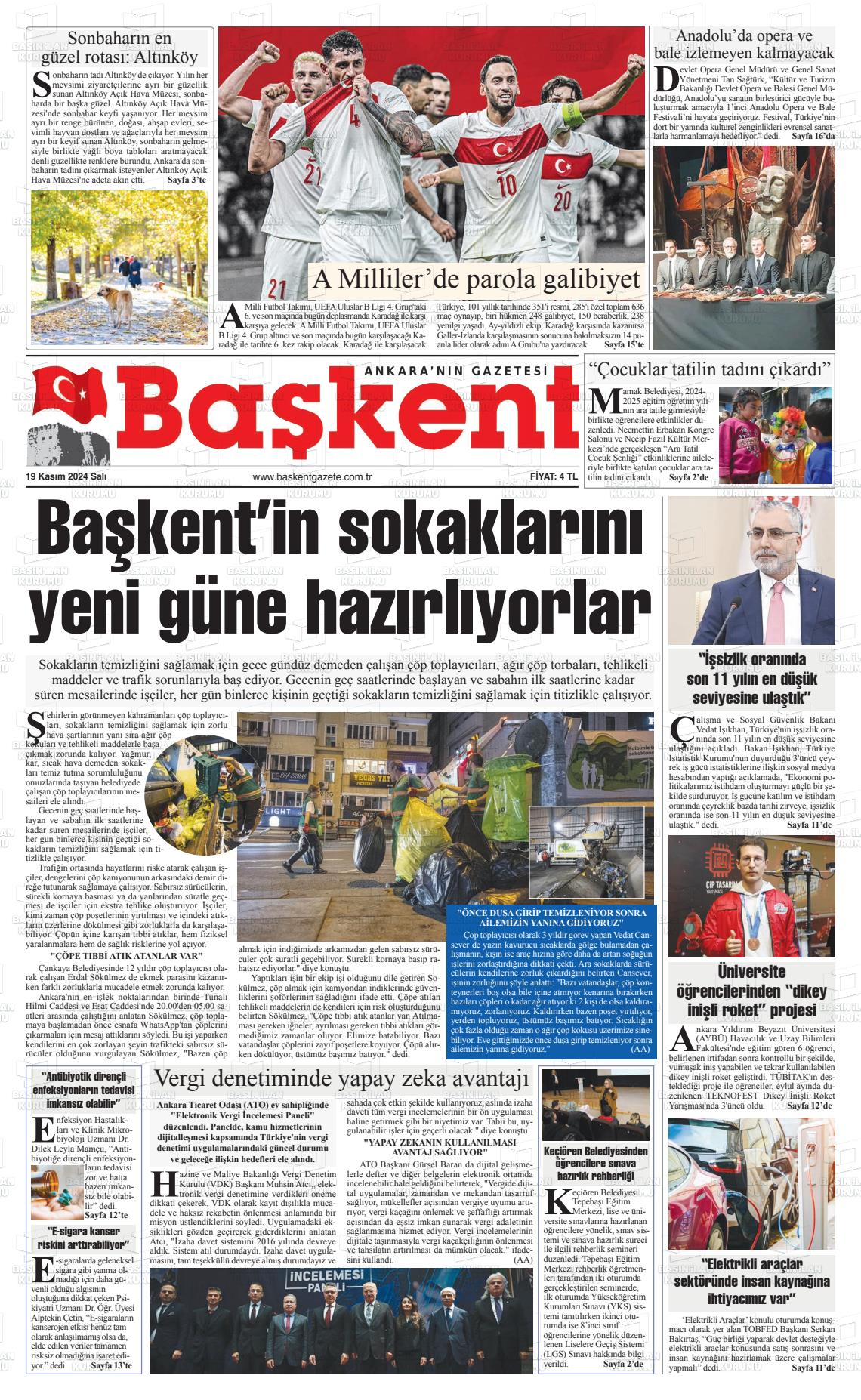 19 Kasım 2024 Ankara Başkent Gazete Manşeti