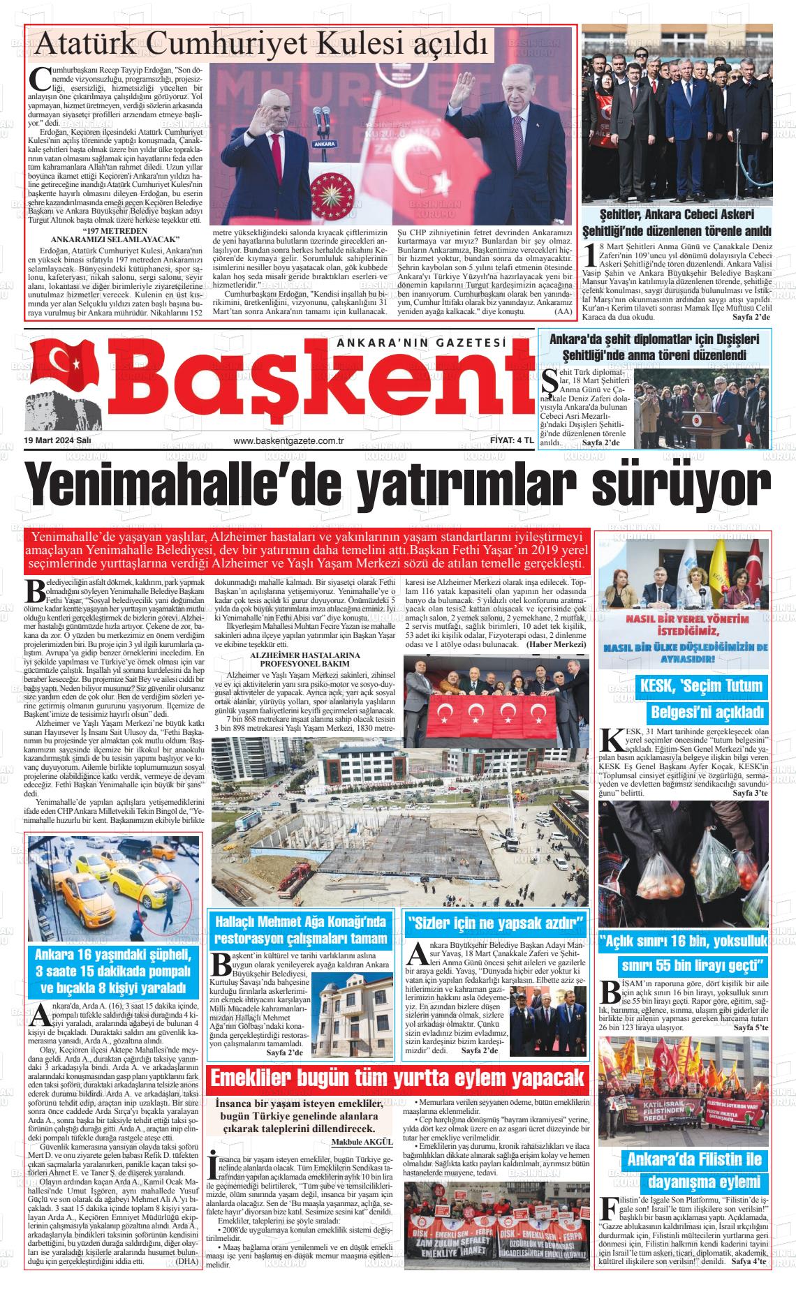 19 Mart 2024 Ankara Başkent Gazete Manşeti