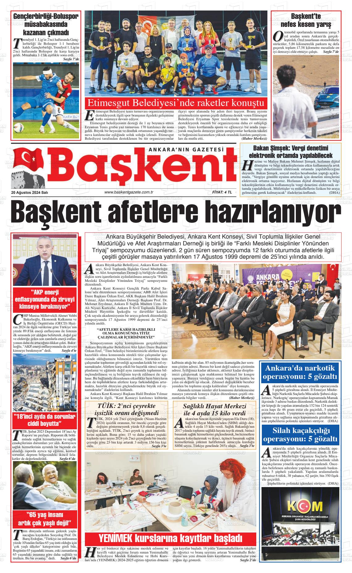 20 Ağustos 2024 Ankara Başkent Gazete Manşeti