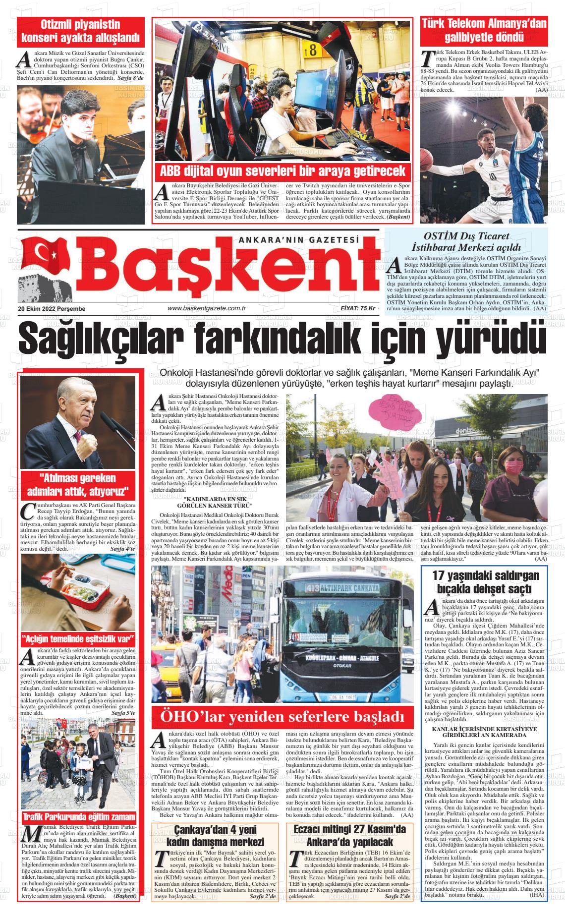 20 Ekim 2022 Ankara Başkent Gazete Manşeti