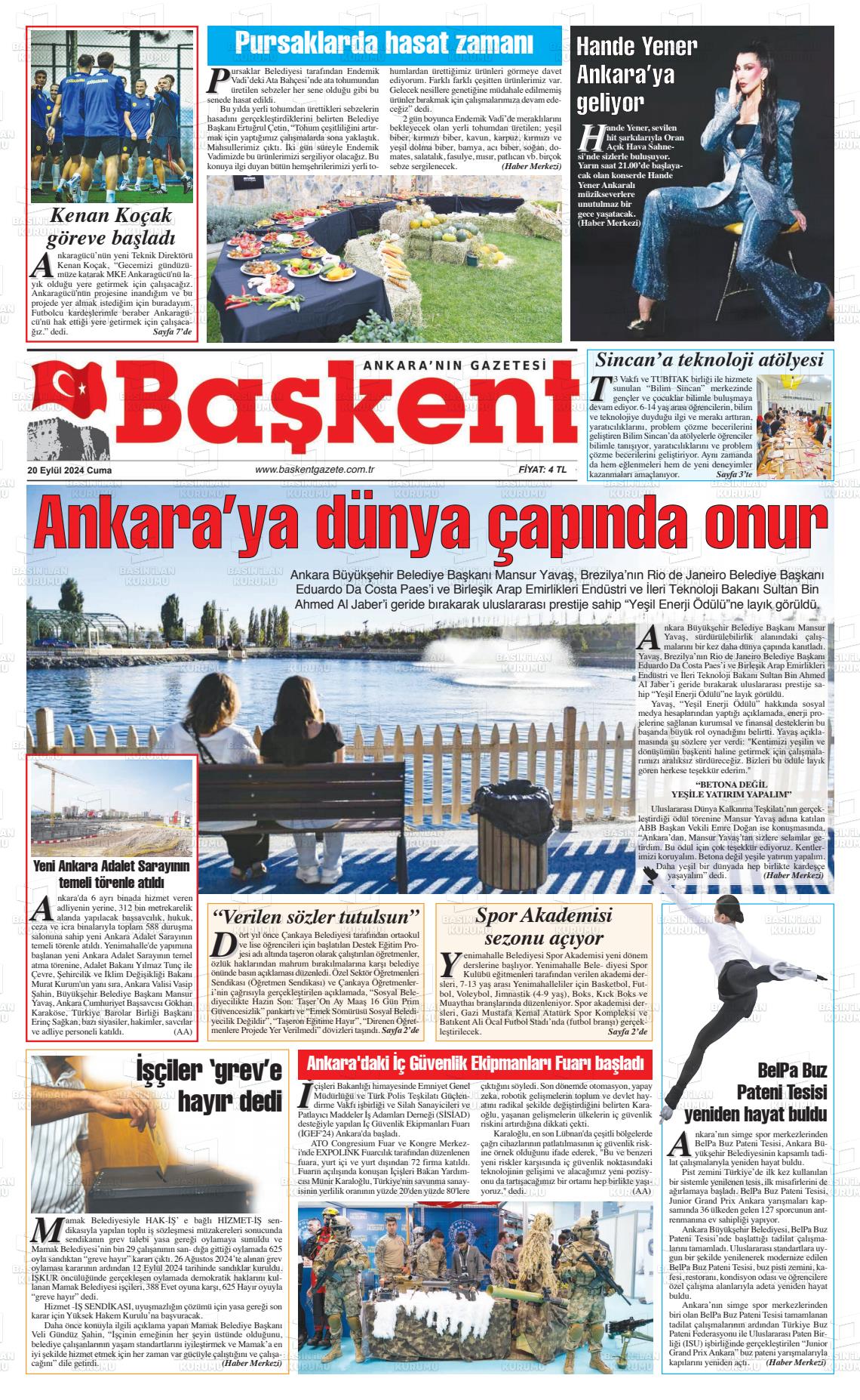 20 Eylül 2024 Ankara Başkent Gazete Manşeti