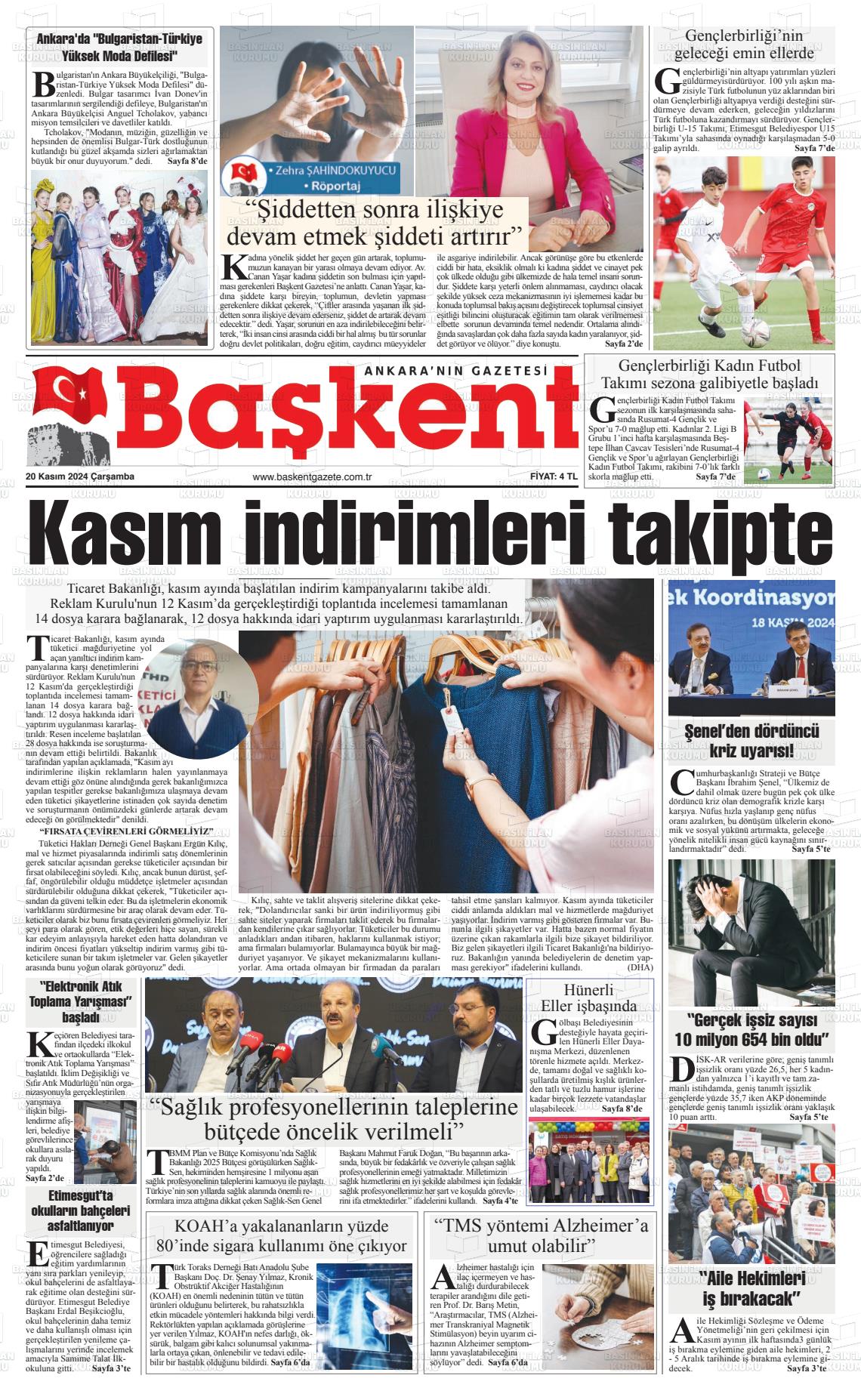 20 Kasım 2024 Ankara Başkent Gazete Manşeti