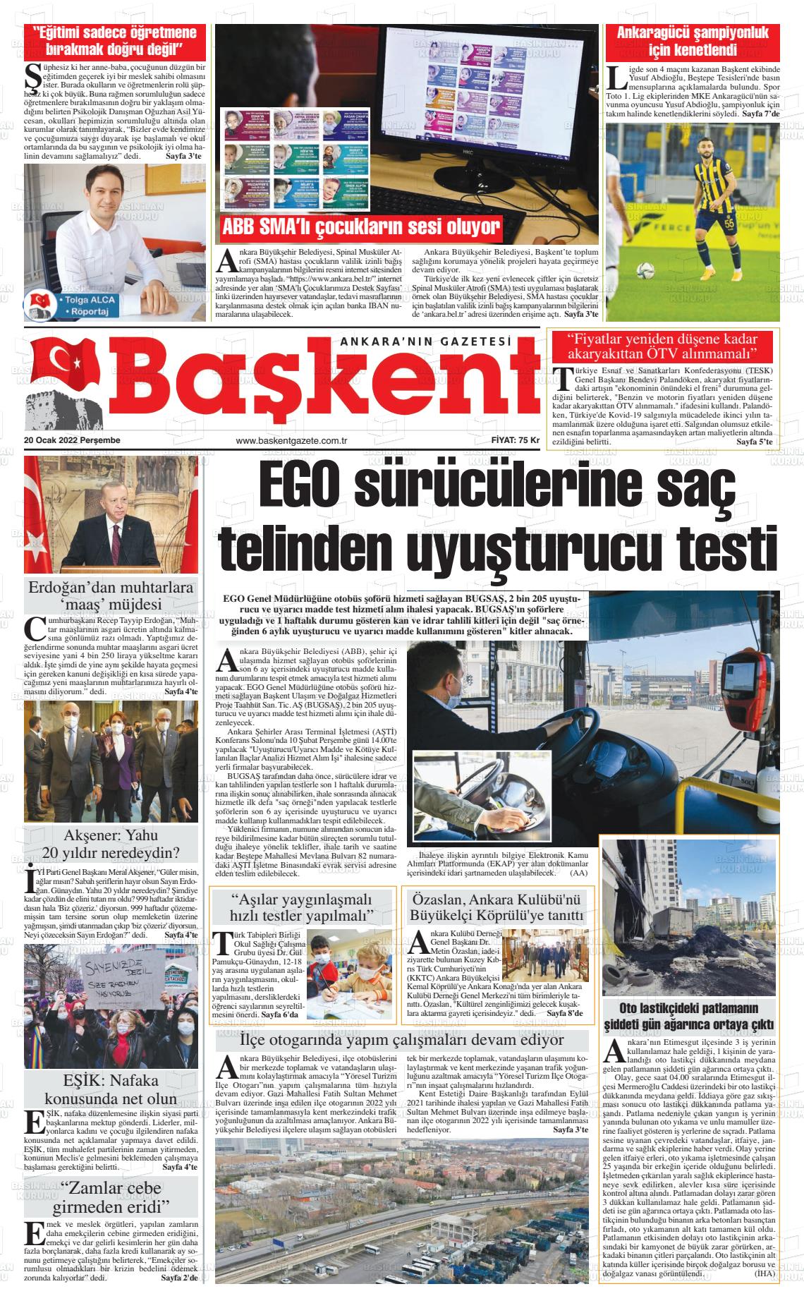 20 Ocak 2022 Ankara Başkent Gazete Manşeti