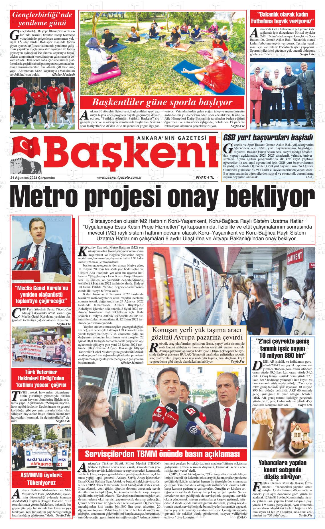 21 Ağustos 2024 Ankara Başkent Gazete Manşeti