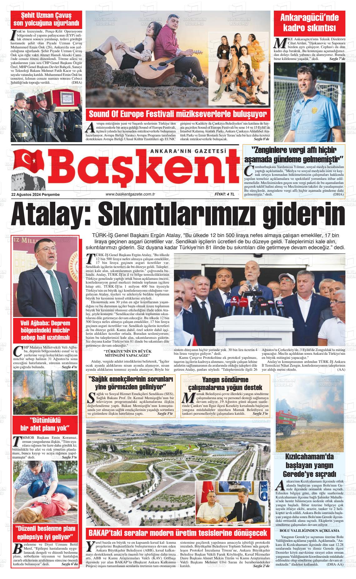 22 Ağustos 2024 Ankara Başkent Gazete Manşeti