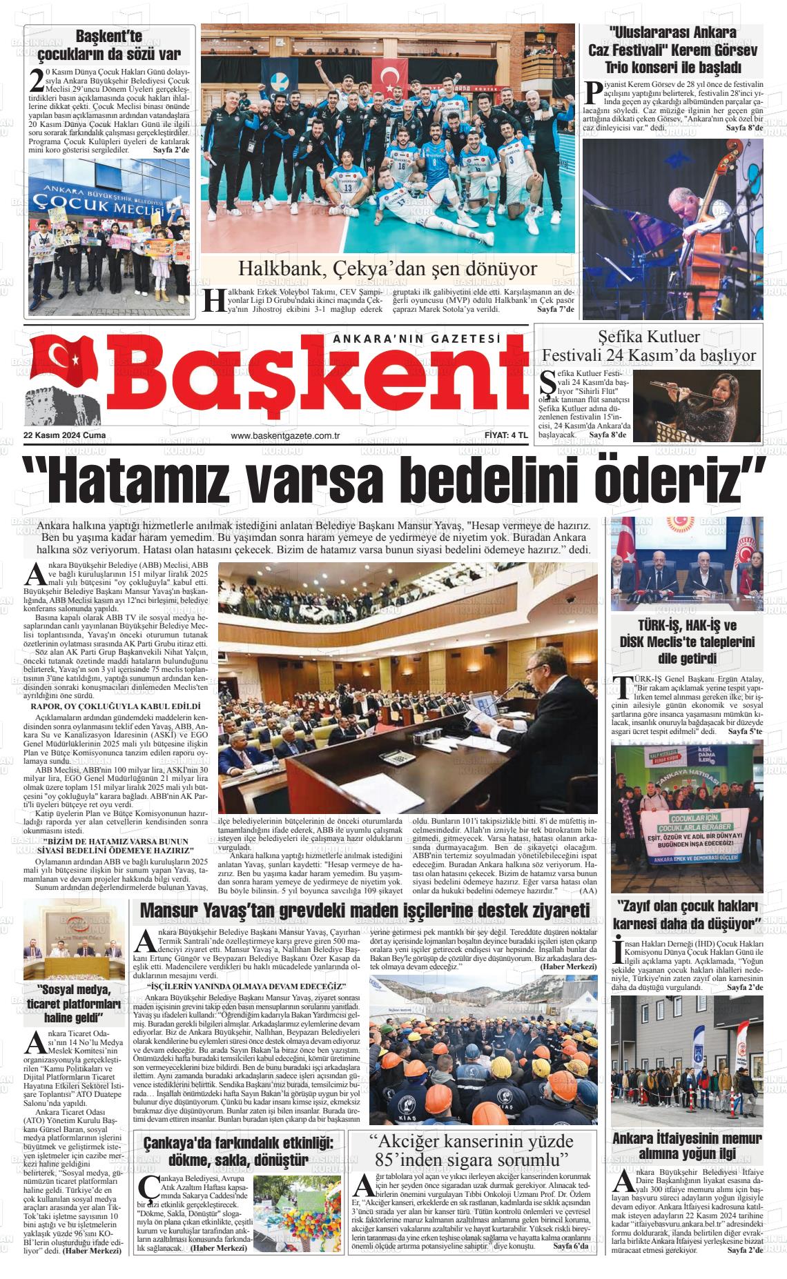 22 Kasım 2024 Ankara Başkent Gazete Manşeti