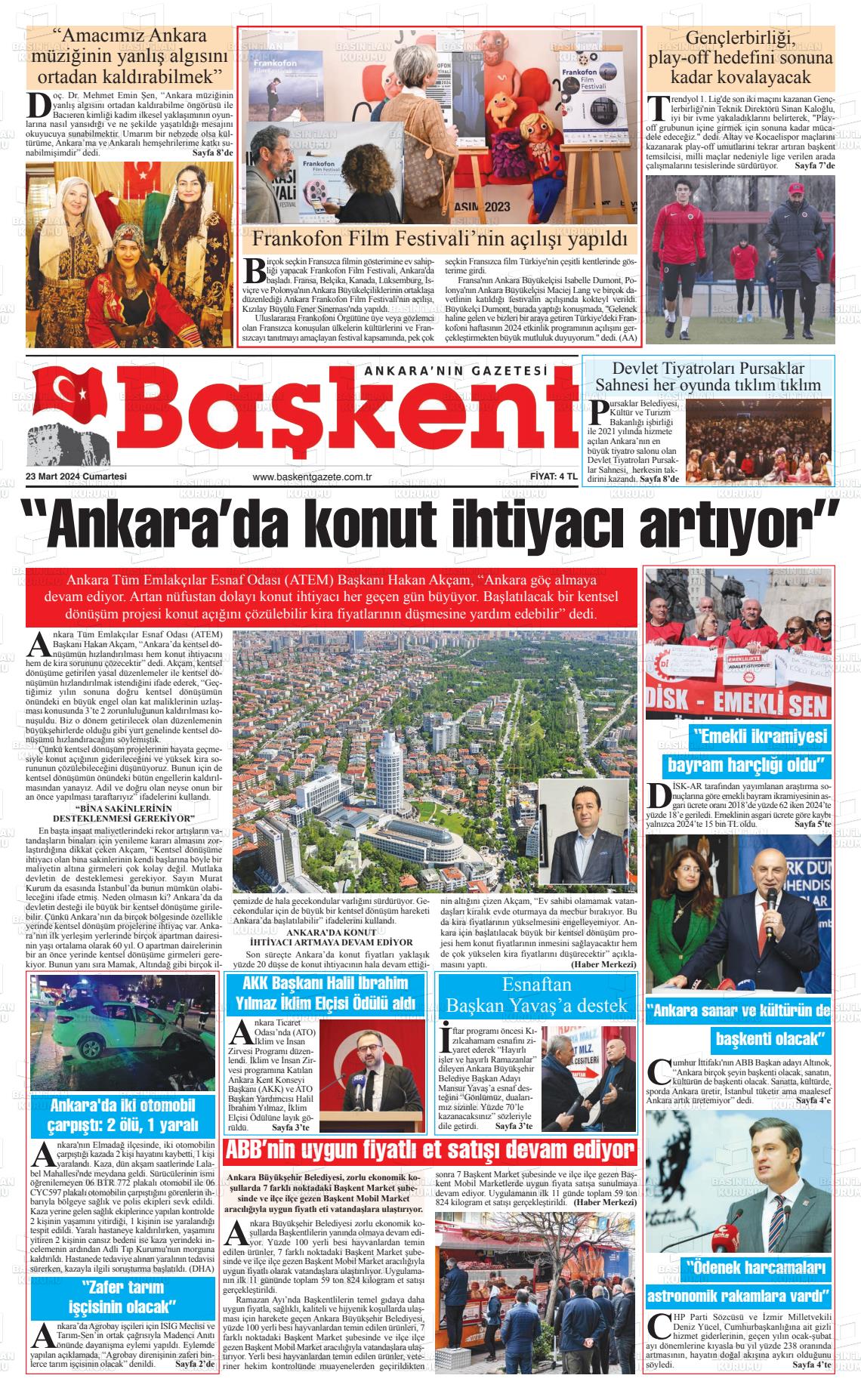 23 Mart 2024 Ankara Başkent Gazete Manşeti