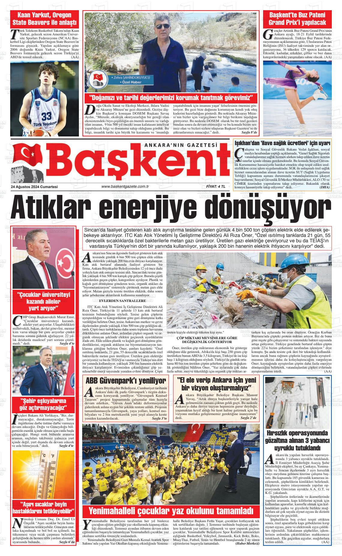 24 Ağustos 2024 Ankara Başkent Gazete Manşeti