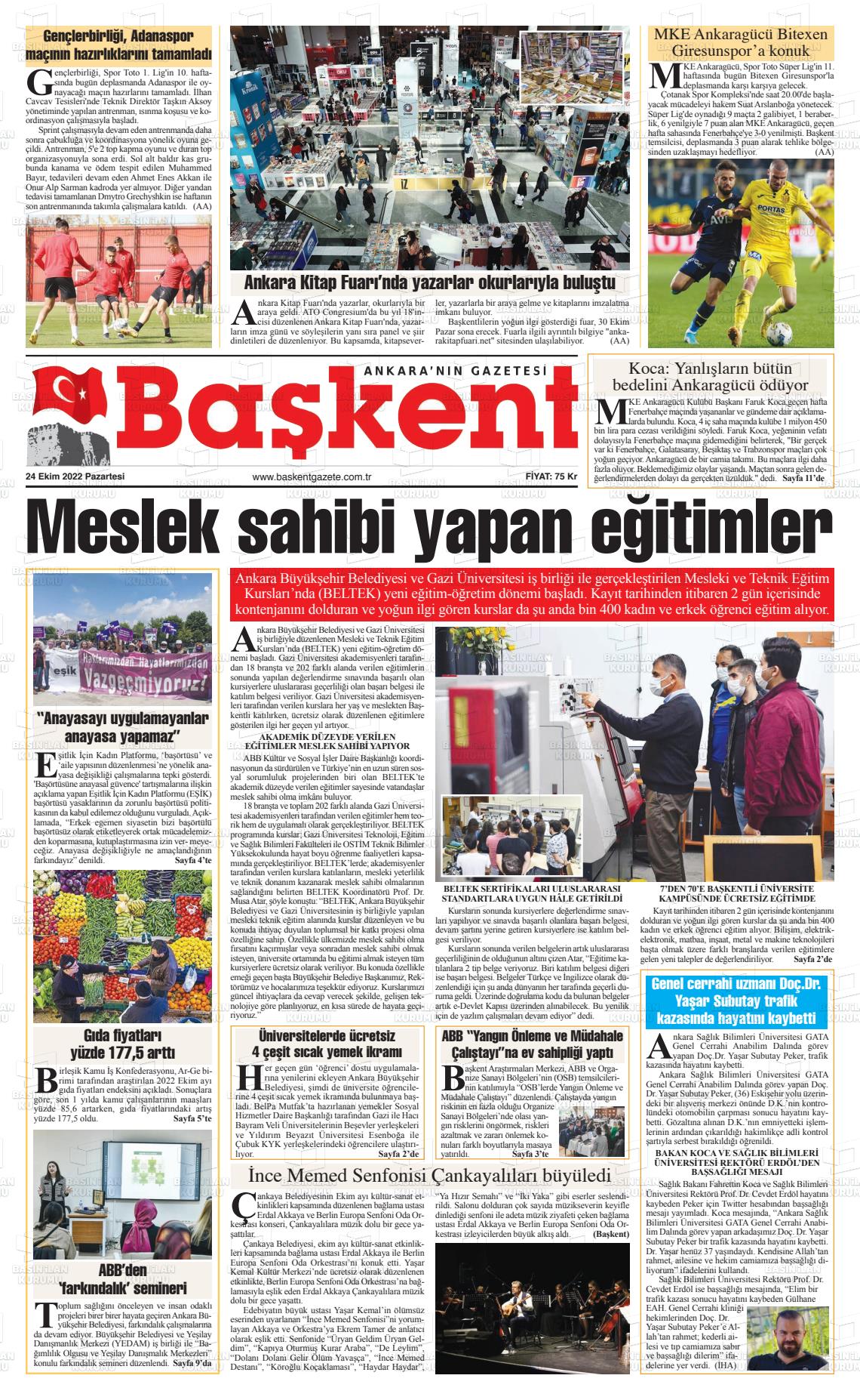 24 Ekim 2022 Ankara Başkent Gazete Manşeti