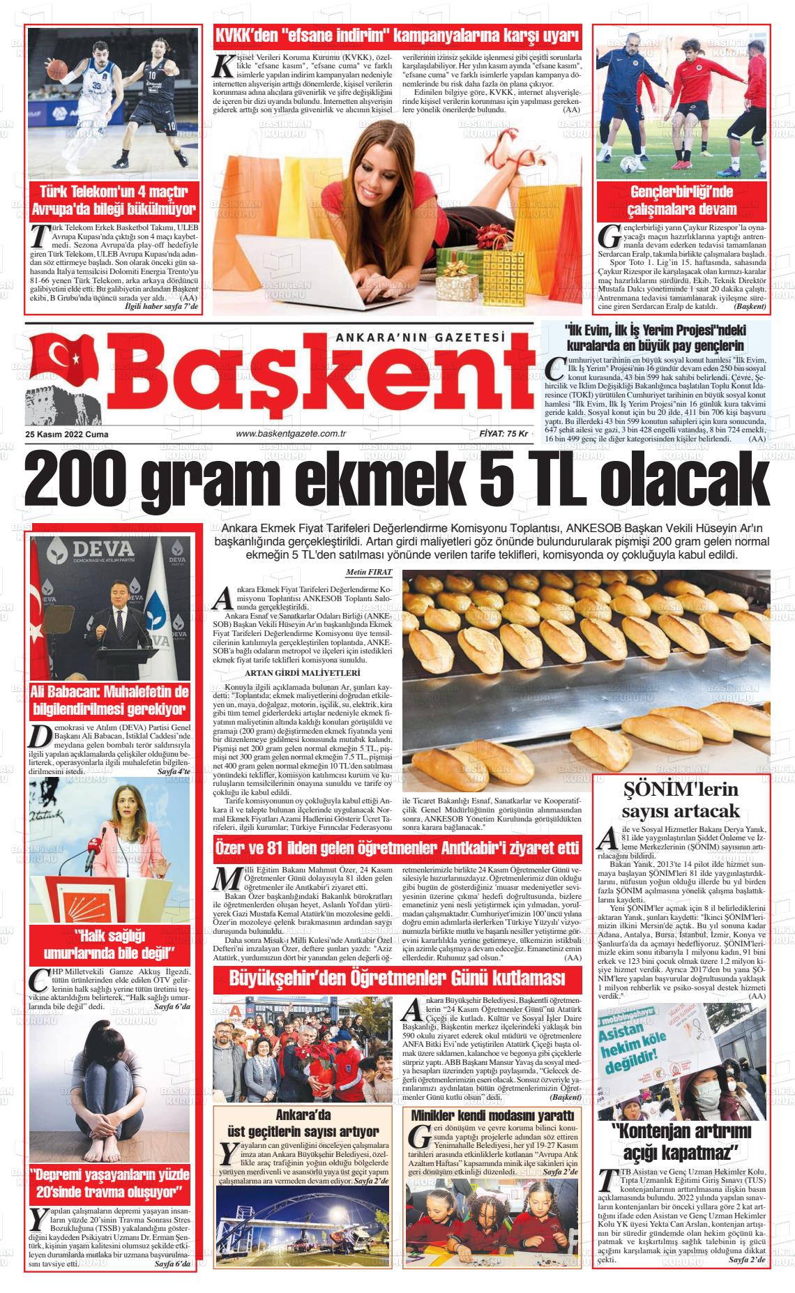 25 Kasım 2022 Ankara Başkent Gazete Manşeti