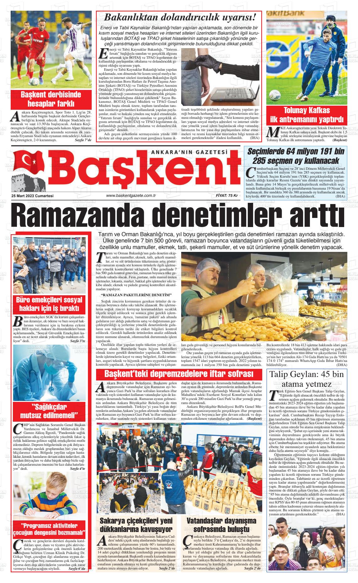 25 Mart 2023 Ankara Başkent Gazete Manşeti