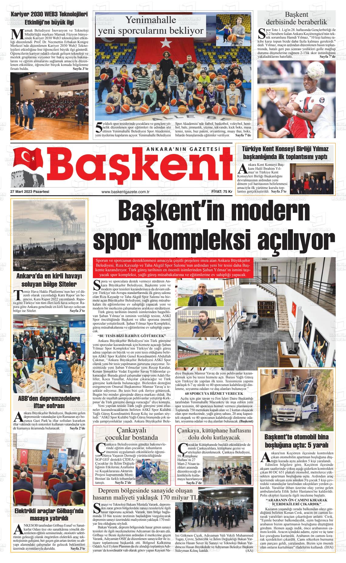 27 Mart 2023 Ankara Başkent Gazete Manşeti