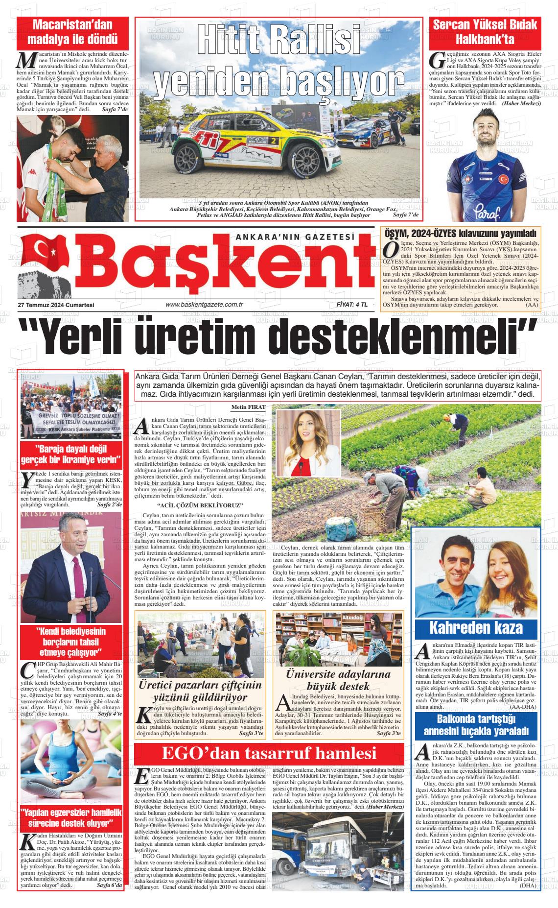 27 Temmuz 2024 Ankara Başkent Gazete Manşeti