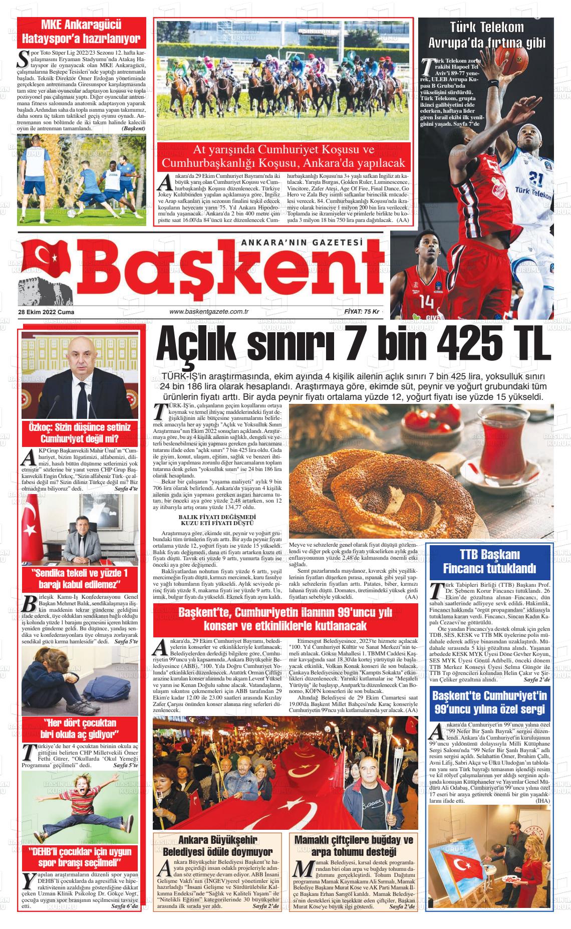 28 Ekim 2022 Ankara Başkent Gazete Manşeti