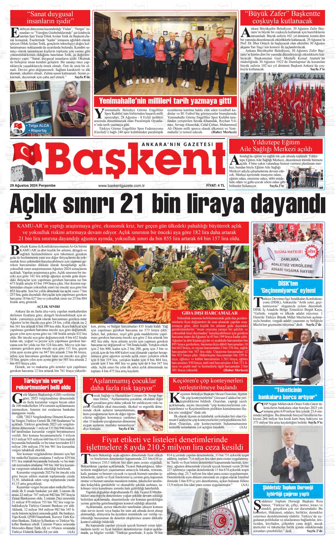 29 Ağustos 2024 Ankara Başkent Gazete Manşeti