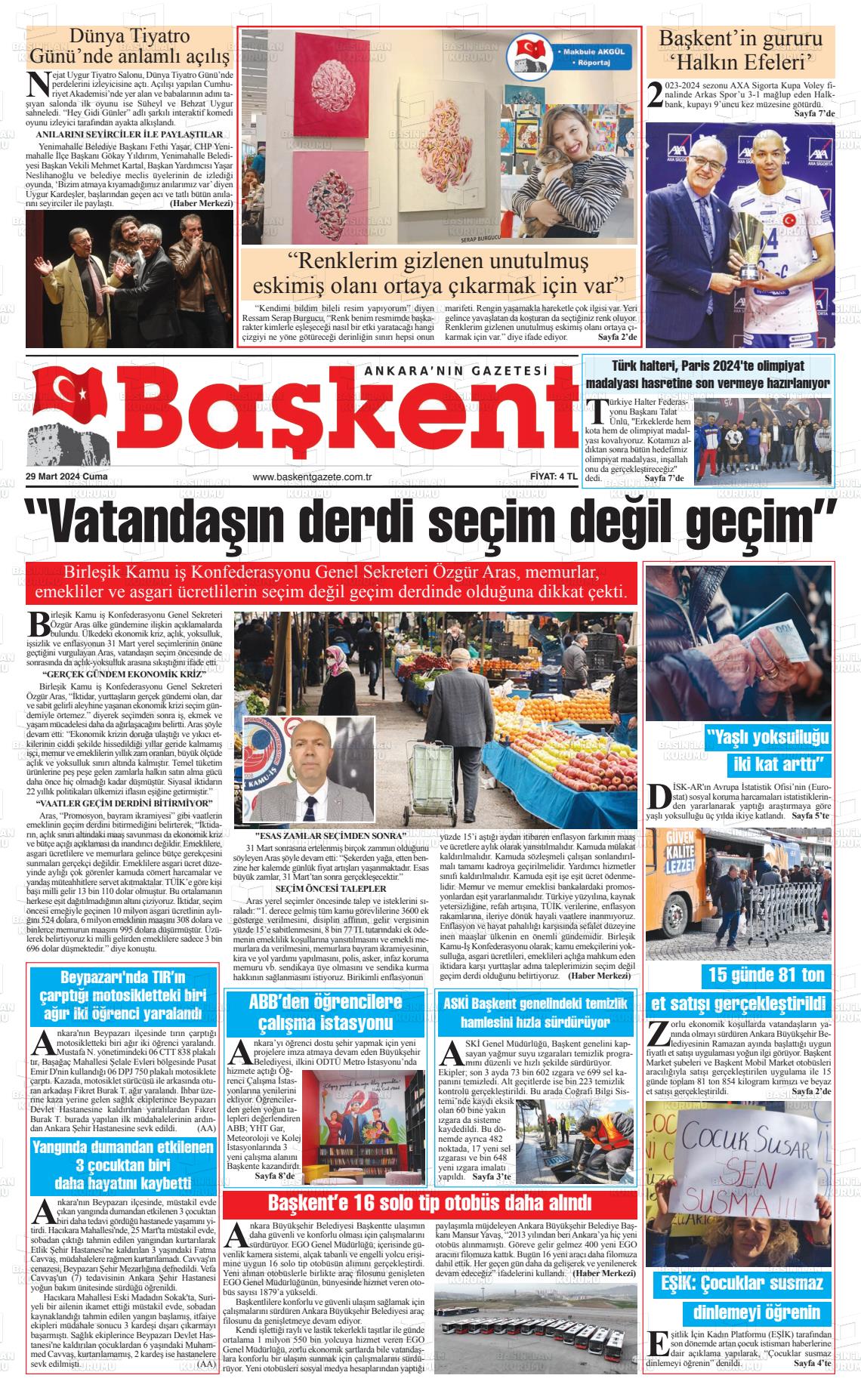 29 Mart 2024 Ankara Başkent Gazete Manşeti