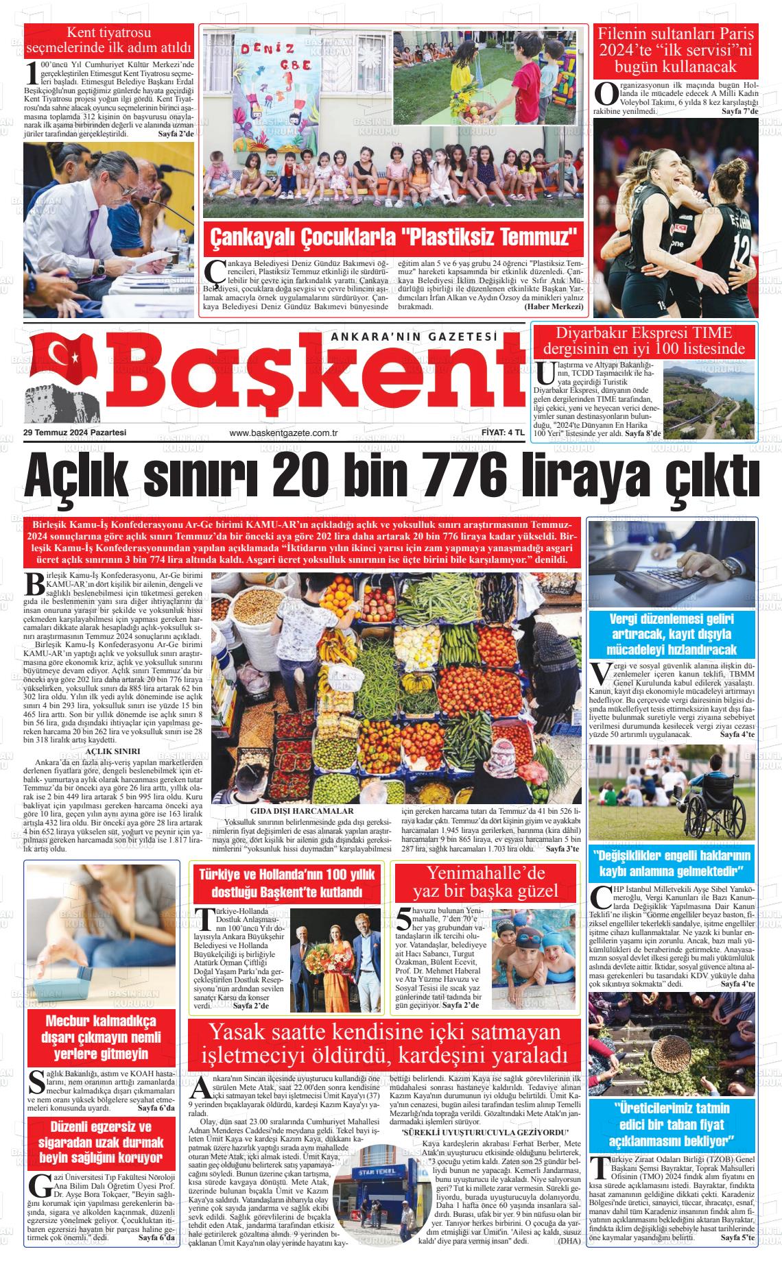 29 Temmuz 2024 Ankara Başkent Gazete Manşeti