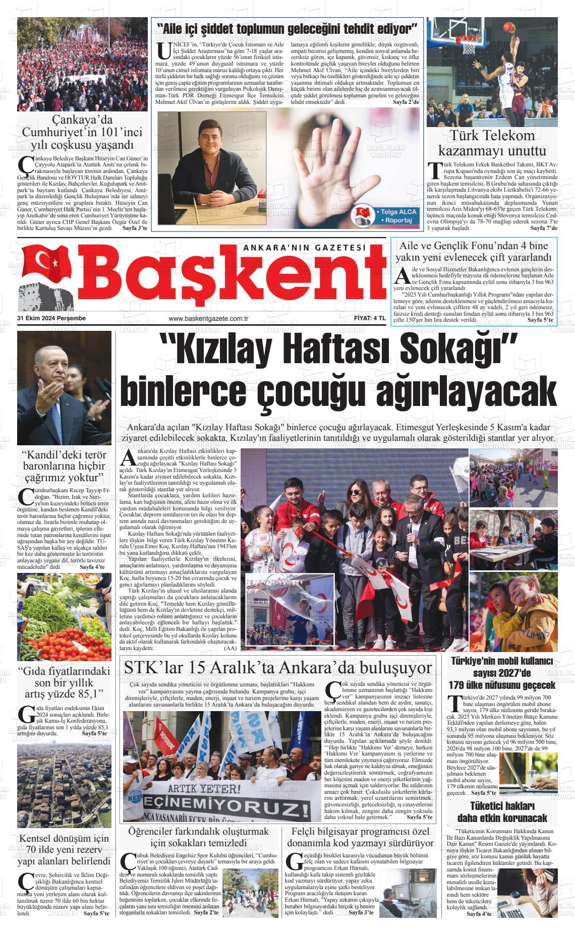 31 Ekim 2024 Ankara Başkent Gazete Manşeti