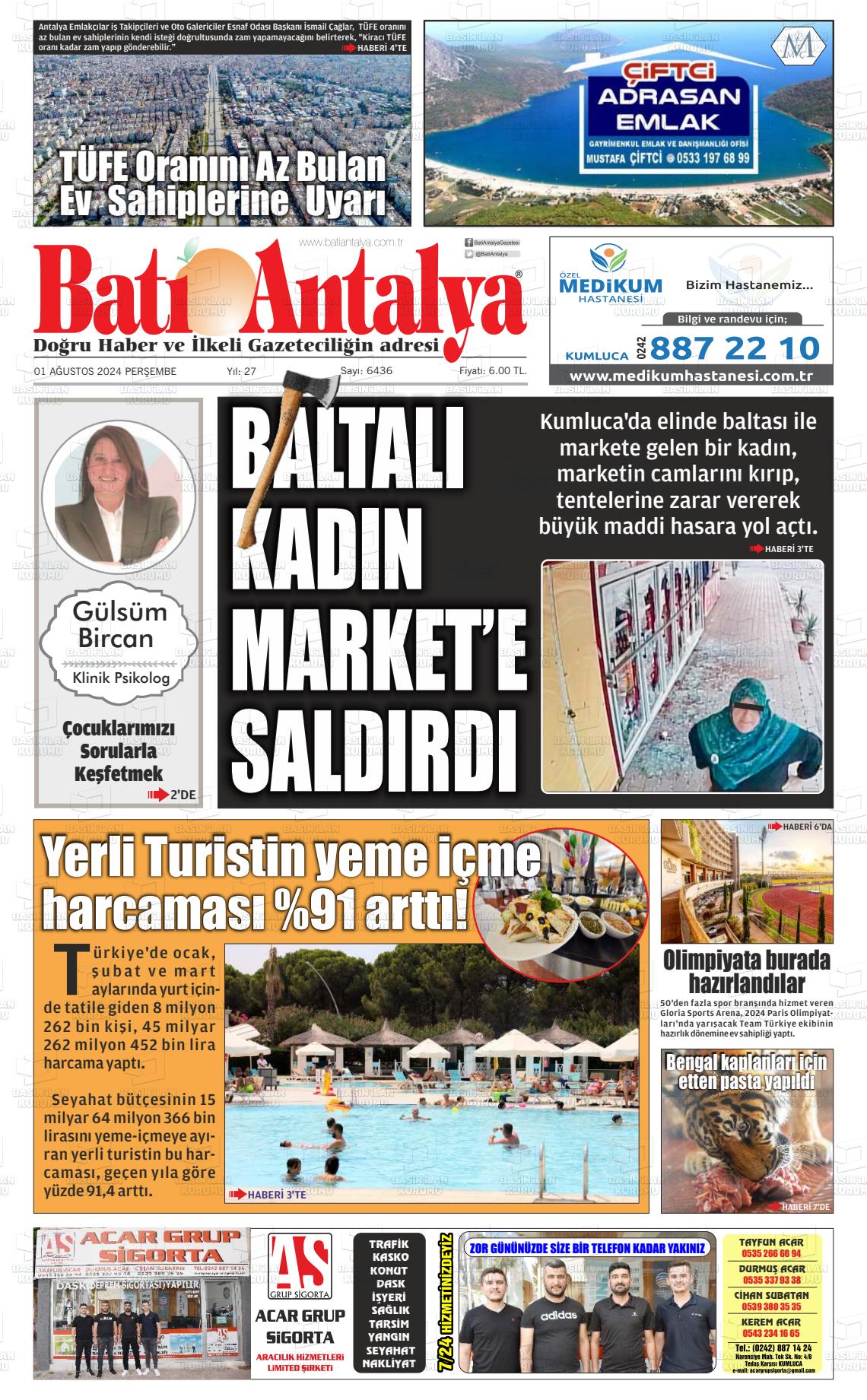 01 Ağustos 2024 Batı Antalya Gazete Manşeti