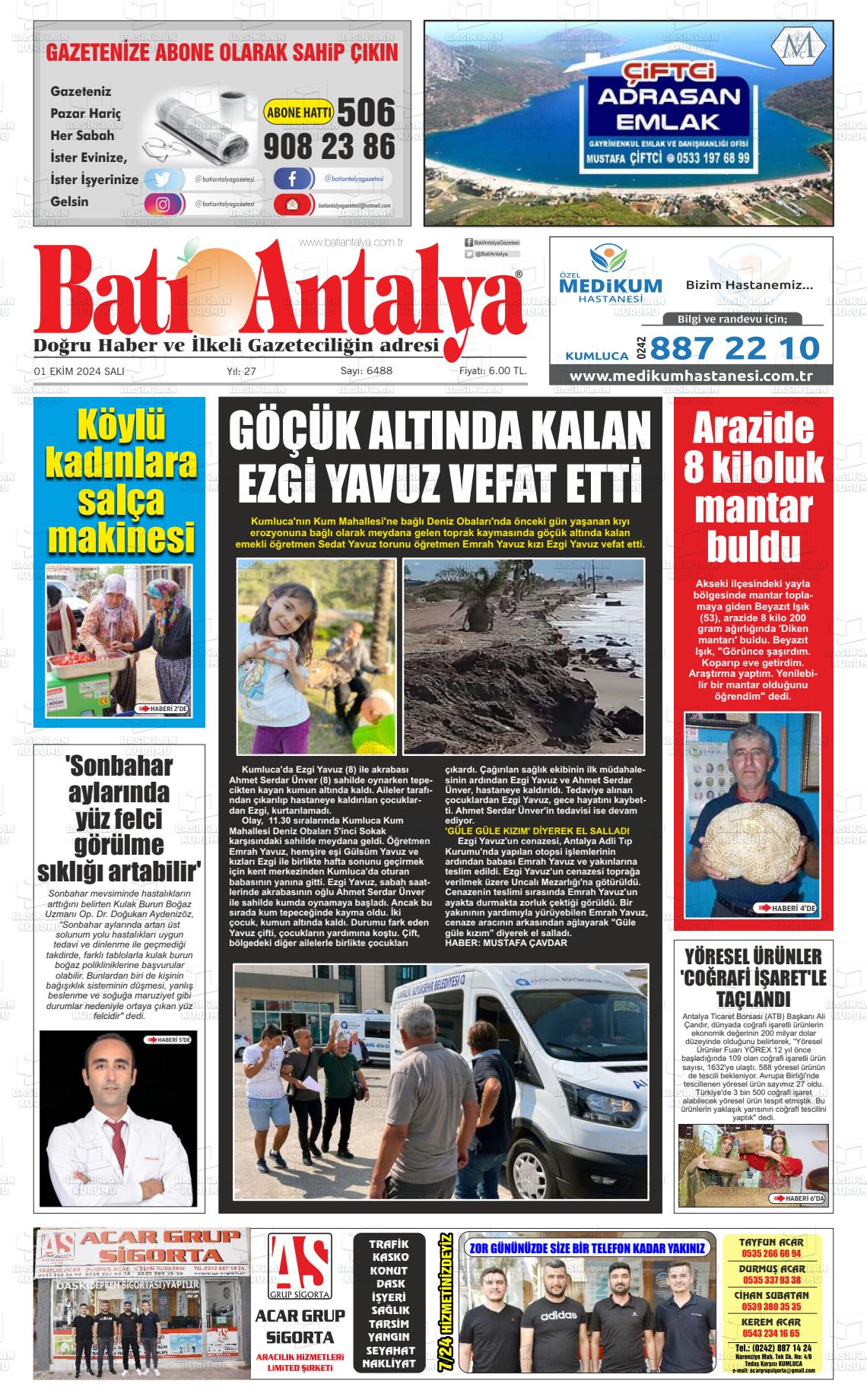 01 Ekim 2024 Batı Antalya Gazete Manşeti