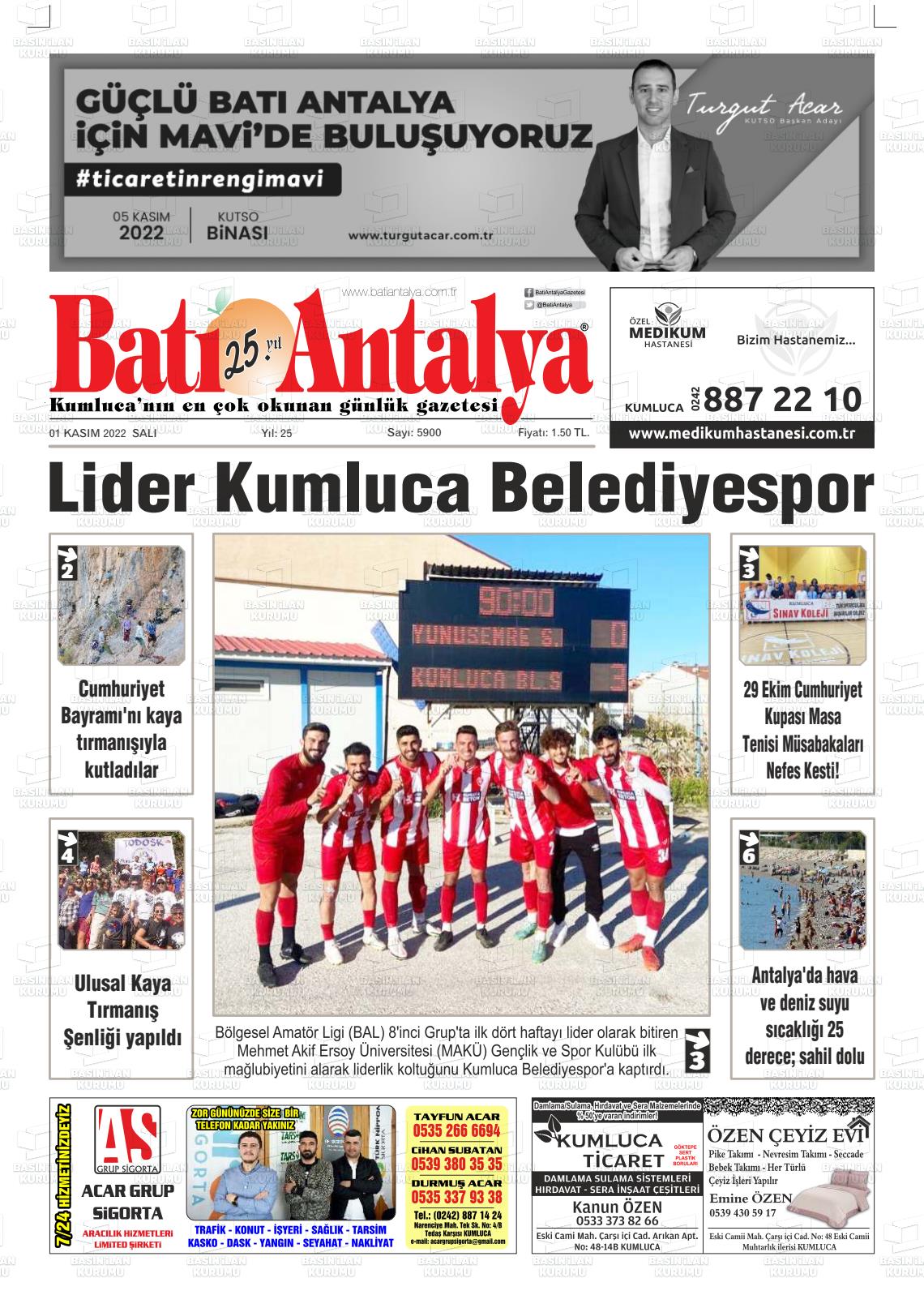 01 Kasım 2022 Batı Antalya Gazete Manşeti