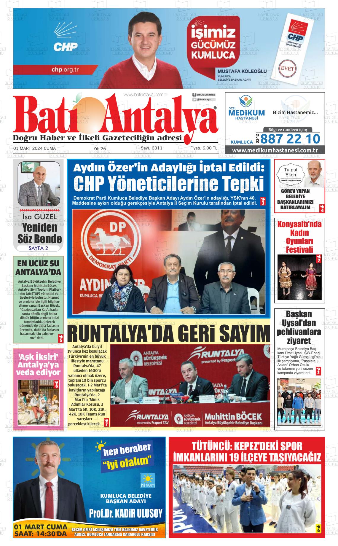 01 Mart 2024 Batı Antalya Gazete Manşeti