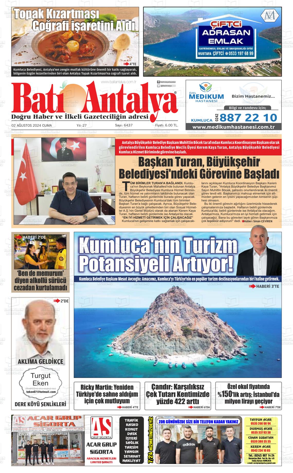 02 Ağustos 2024 Batı Antalya Gazete Manşeti