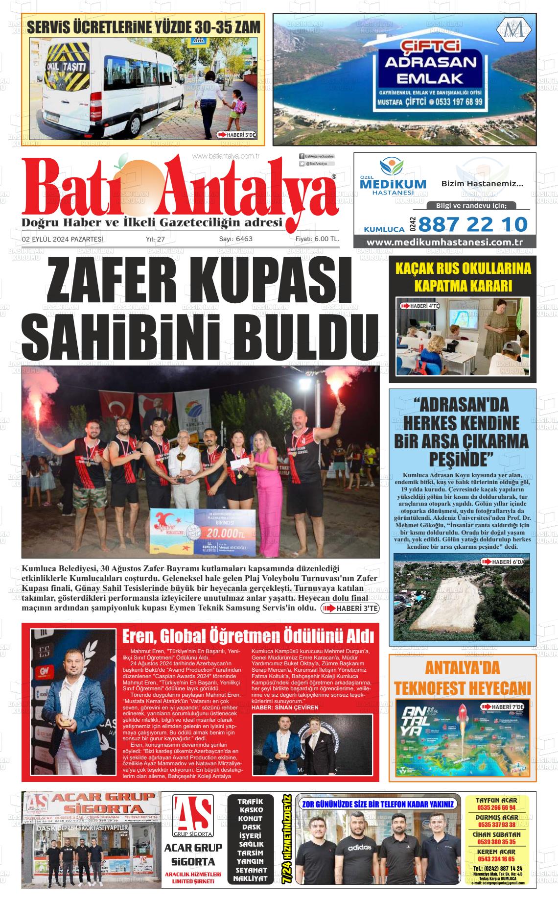 02 Eylül 2024 Batı Antalya Gazete Manşeti