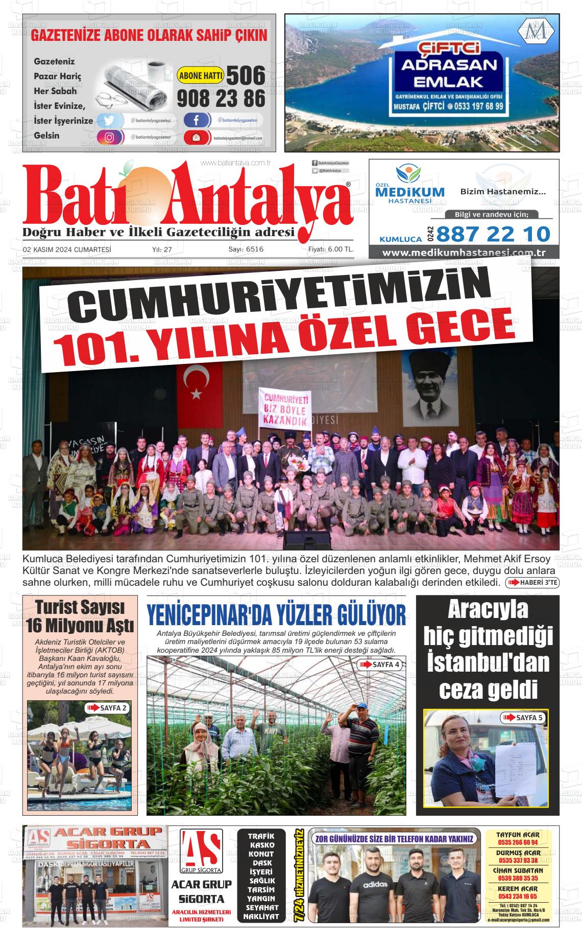 02 Kasım 2024 Batı Antalya Gazete Manşeti