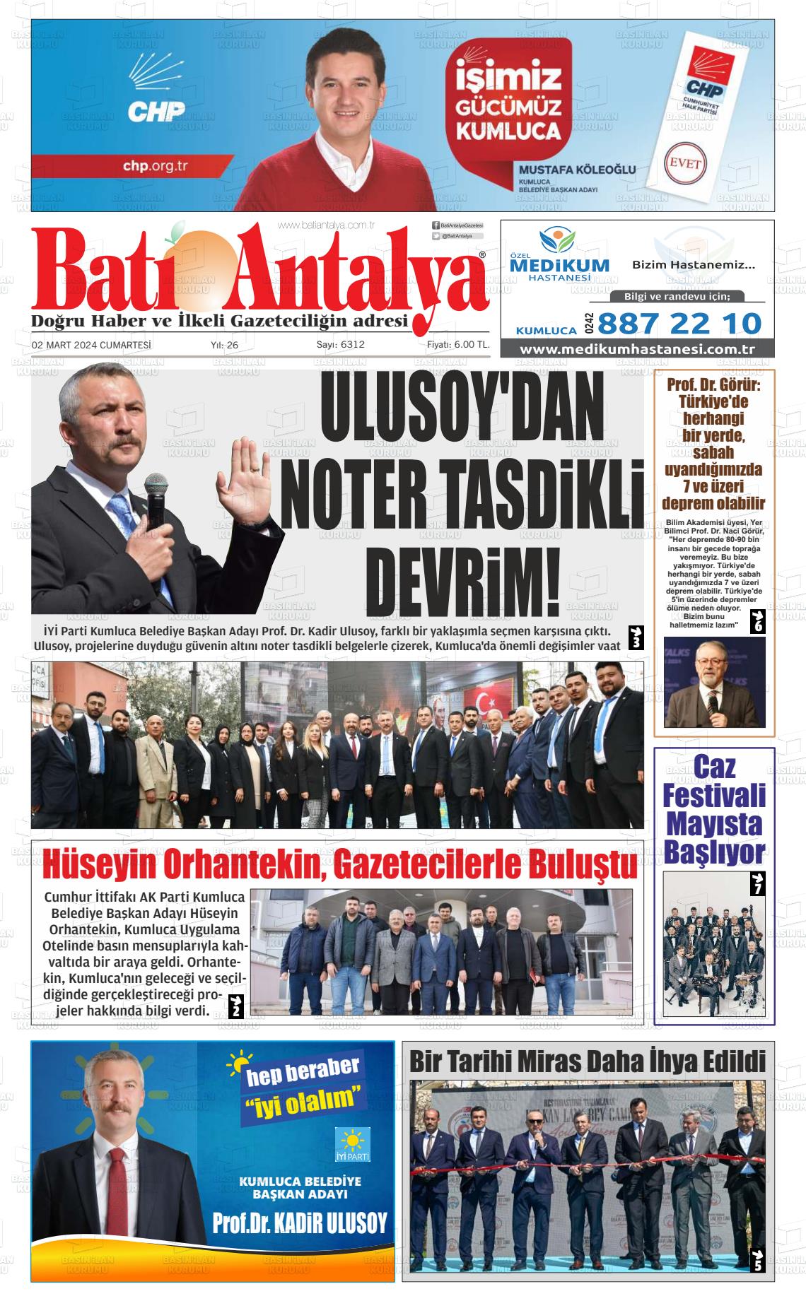 02 Mart 2024 Batı Antalya Gazete Manşeti