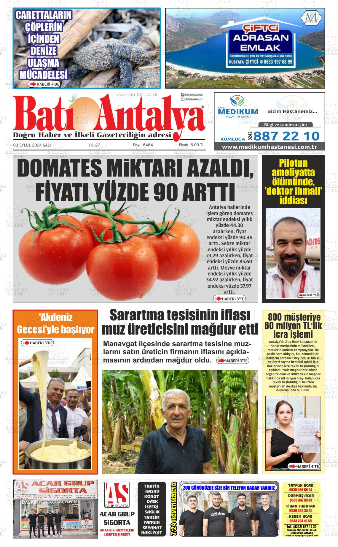 03 Eylül 2024 Batı Antalya Gazete Manşeti