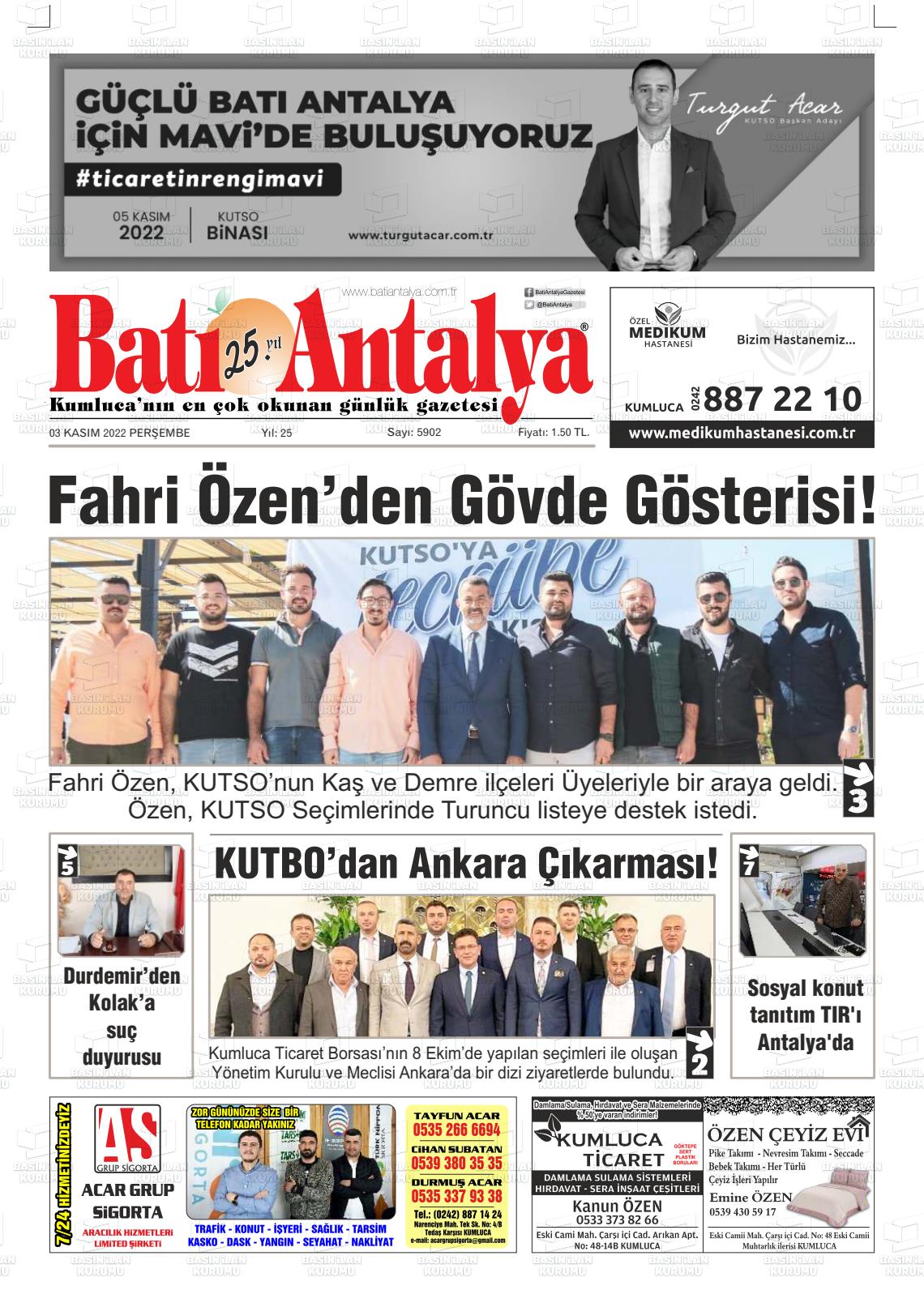 03 Kasım 2022 Batı Antalya Gazete Manşeti